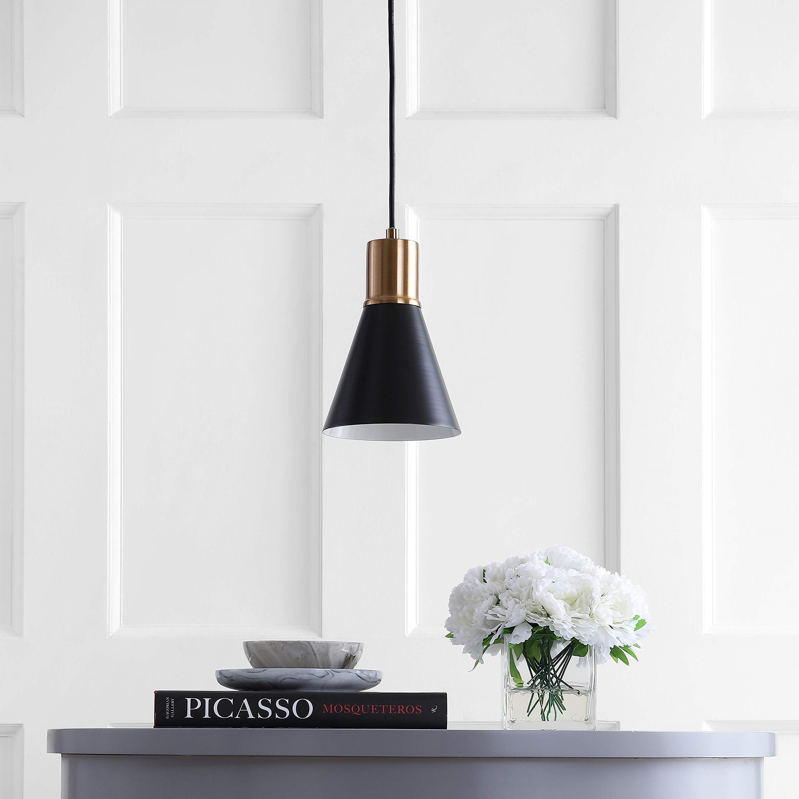 JONATHAN Y Apollo Metal LED Pendant Light, 6in Dimmable Adjustable, Black/Brass Gold, Model JYL6131A