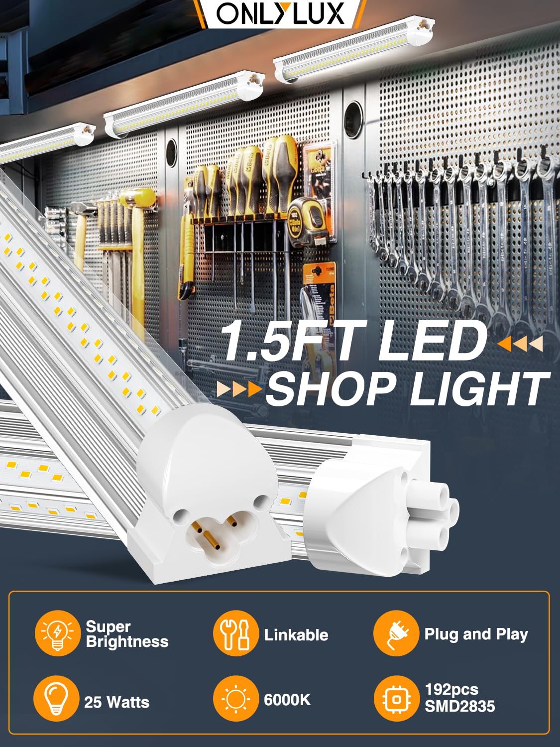 Onlylux Led Shop Lights For Garage Workshop, Super Brightness 6500K 25W Daylight 3750Lm, Plug And Play, Linkable T8 Tube Fixture
