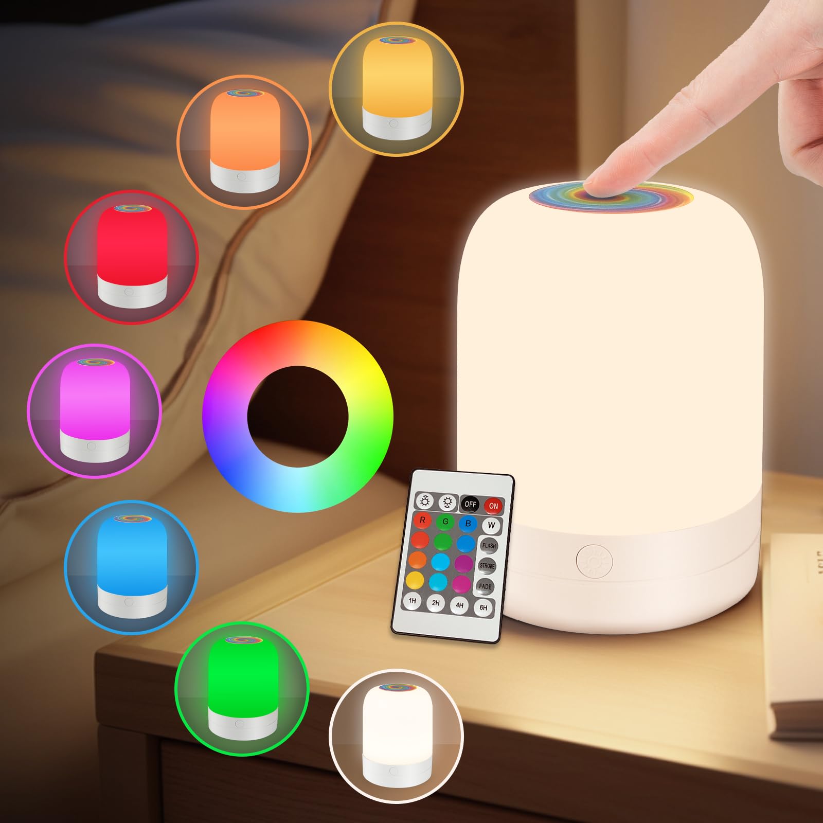Deogos Small Kids Night Light, 13 Color Dimmable LED, Rechargeable, Touch Control, White, Model 01