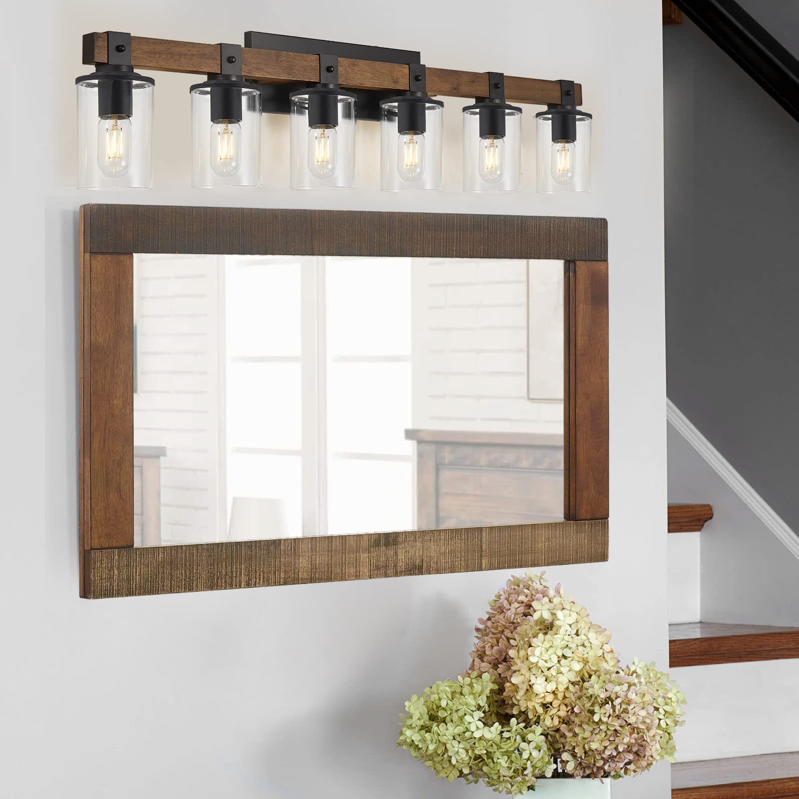XGFOURSEVEN 6-Light Farmhouse Vanity Lights, Rustic Wood & Metal Wall Sconces, Model XG0106LPA