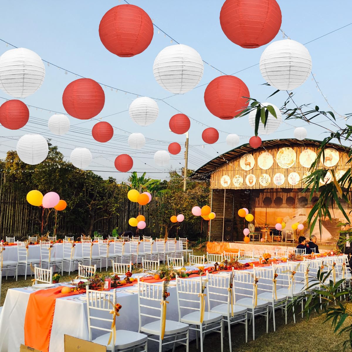 Peywot 12Pcs Round Paper Lanterns, Assorted Sizes 6in-12in, White and Red, for Home Decor, Weddings, and Parties, Model DL-B12-HB