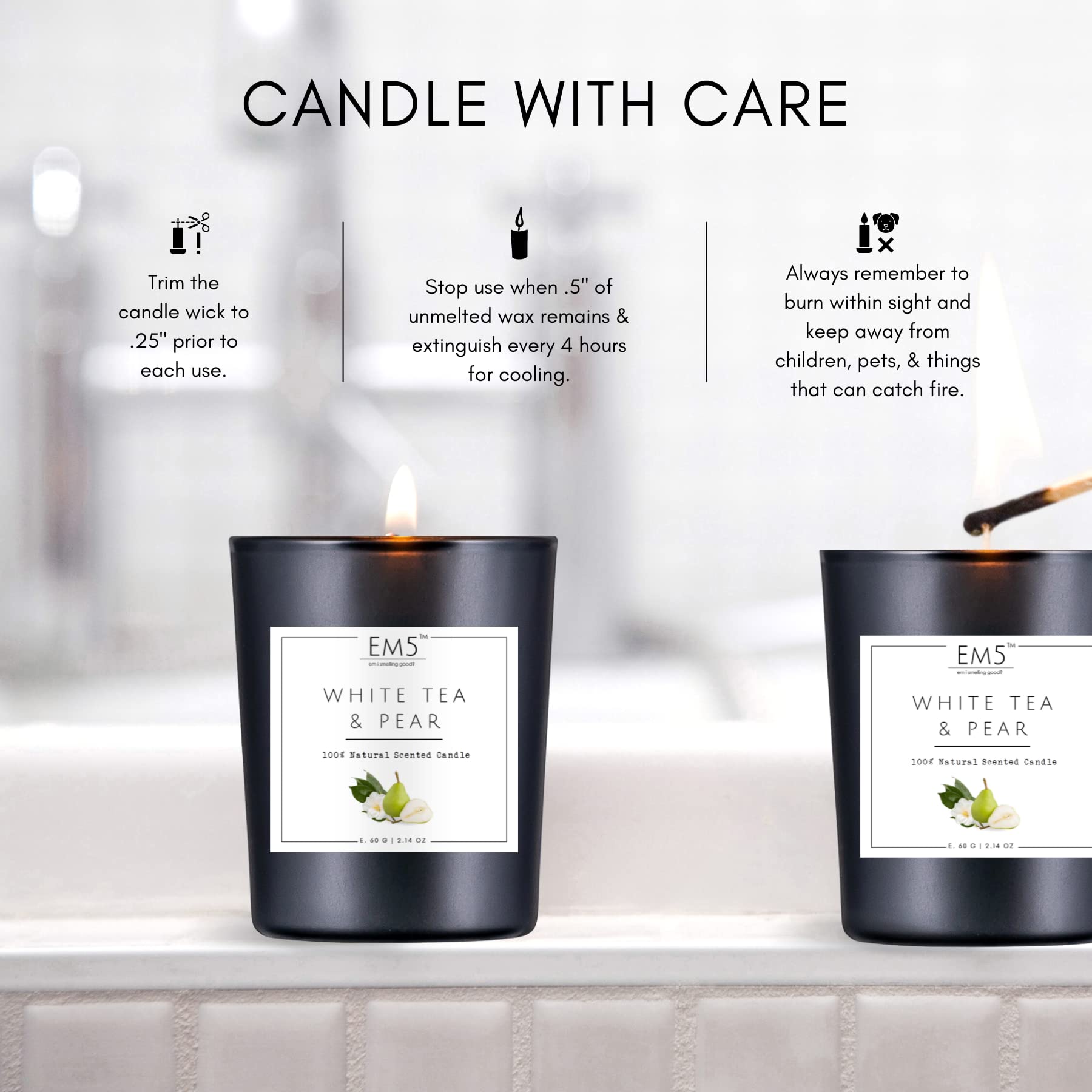 EM5 White Tea & Pear Fragrance Scented Candles for Home Dcor & Aromatherapy | Relaxing Aroma Candle | 60 Gm | Up to 20 Hours Bur