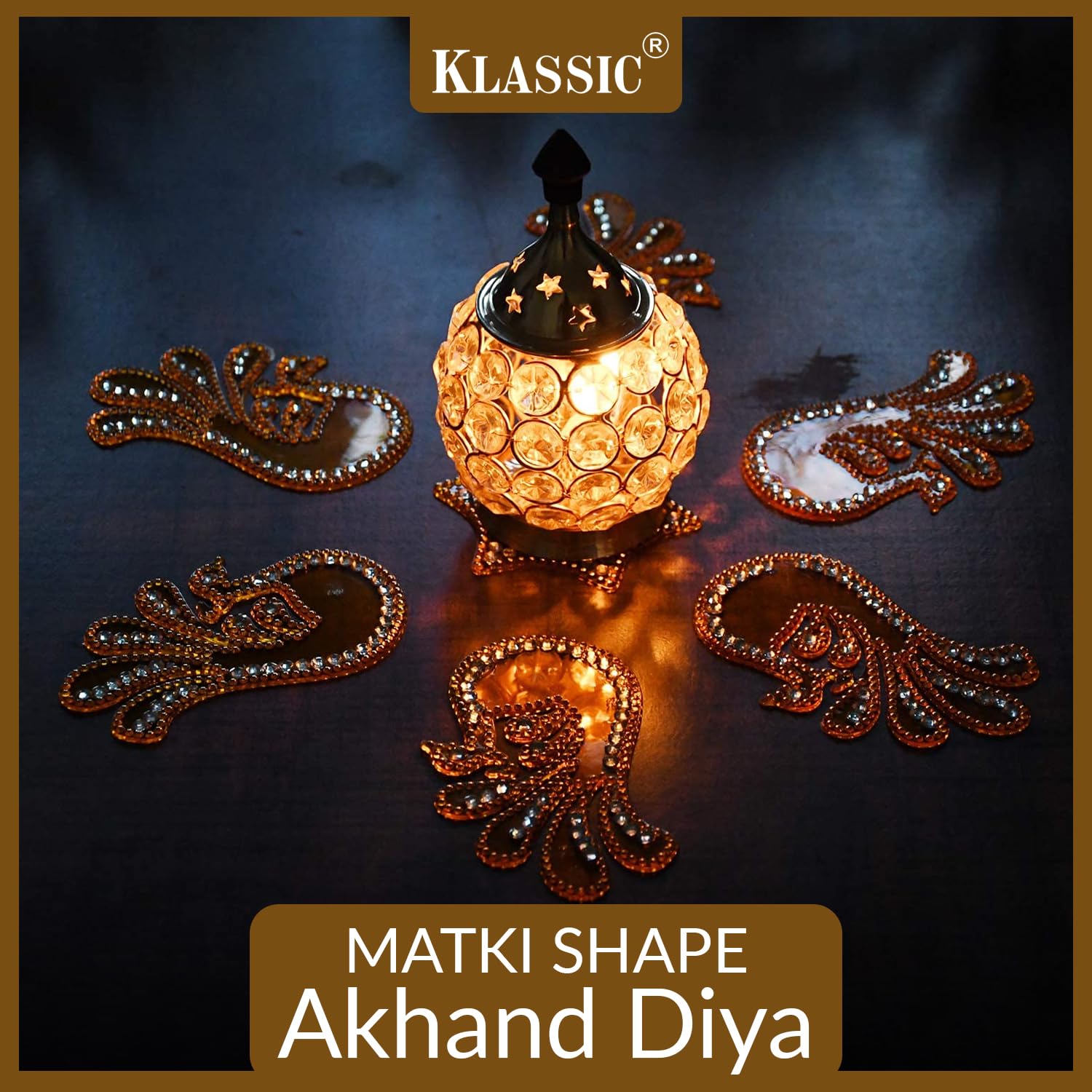 Klassic Decor Brass and Crystal Matki Shape Akhand Diya/Table Deepak/Oil Lamp/Medium Size (Pack of 2)