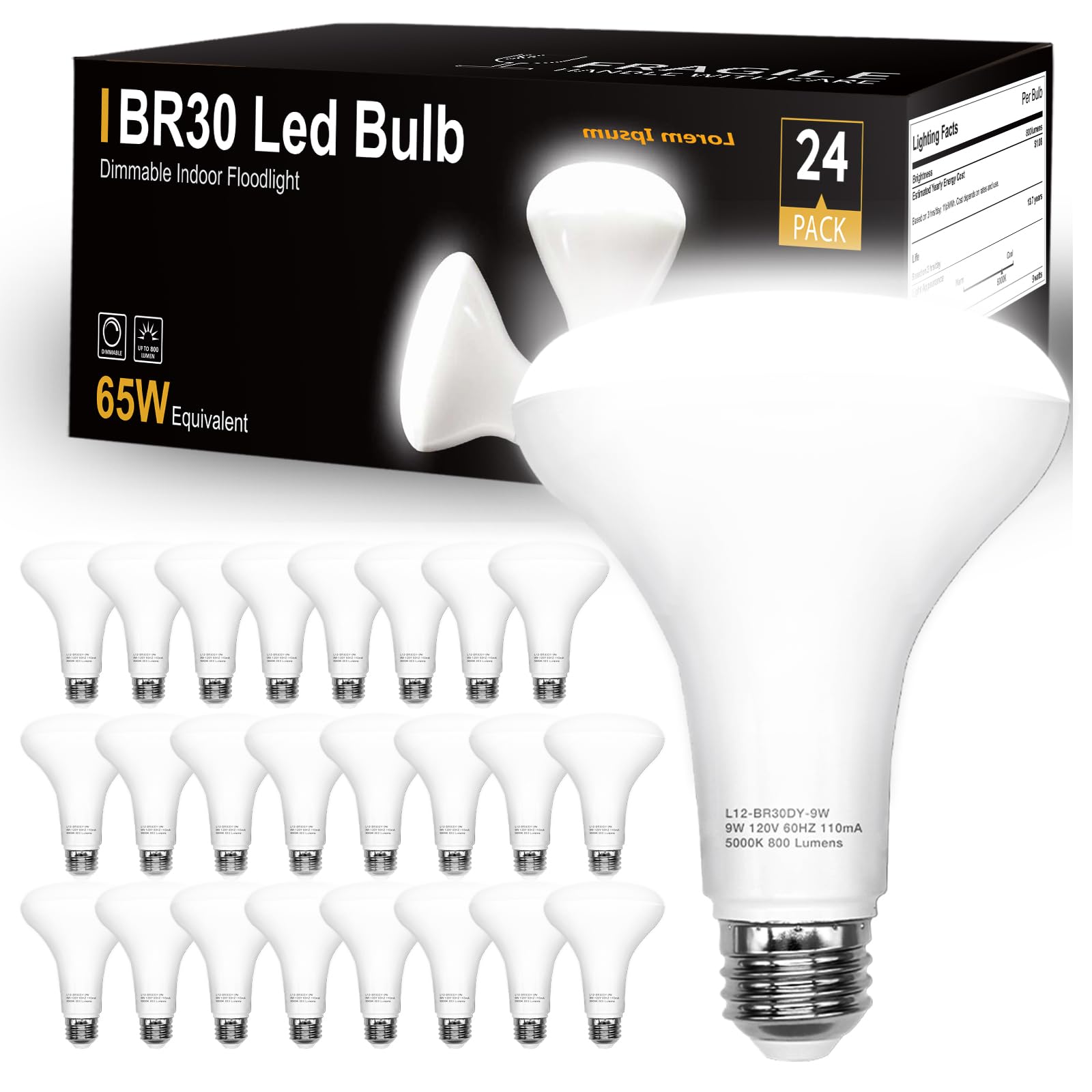 Dalattin 24 Pack Br30 Led Bulbs 65W Equivalent, Dimmable Indoor Flood Lights 5000K Daylight White, 9W, 800 Lumens, E26 Base, Led