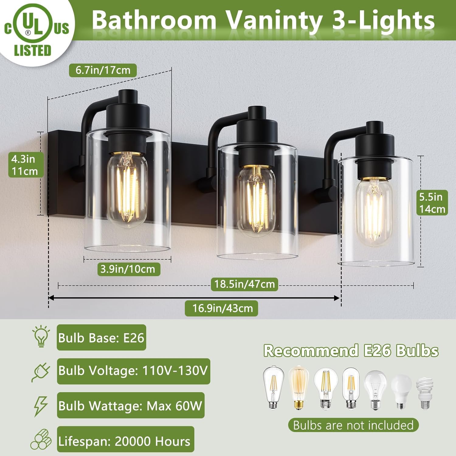 Dpyrrhic 3-Light Bathroom Light Fixtures, Matte Black Metal Sconces with Clear Glass Shade, Model JD-12