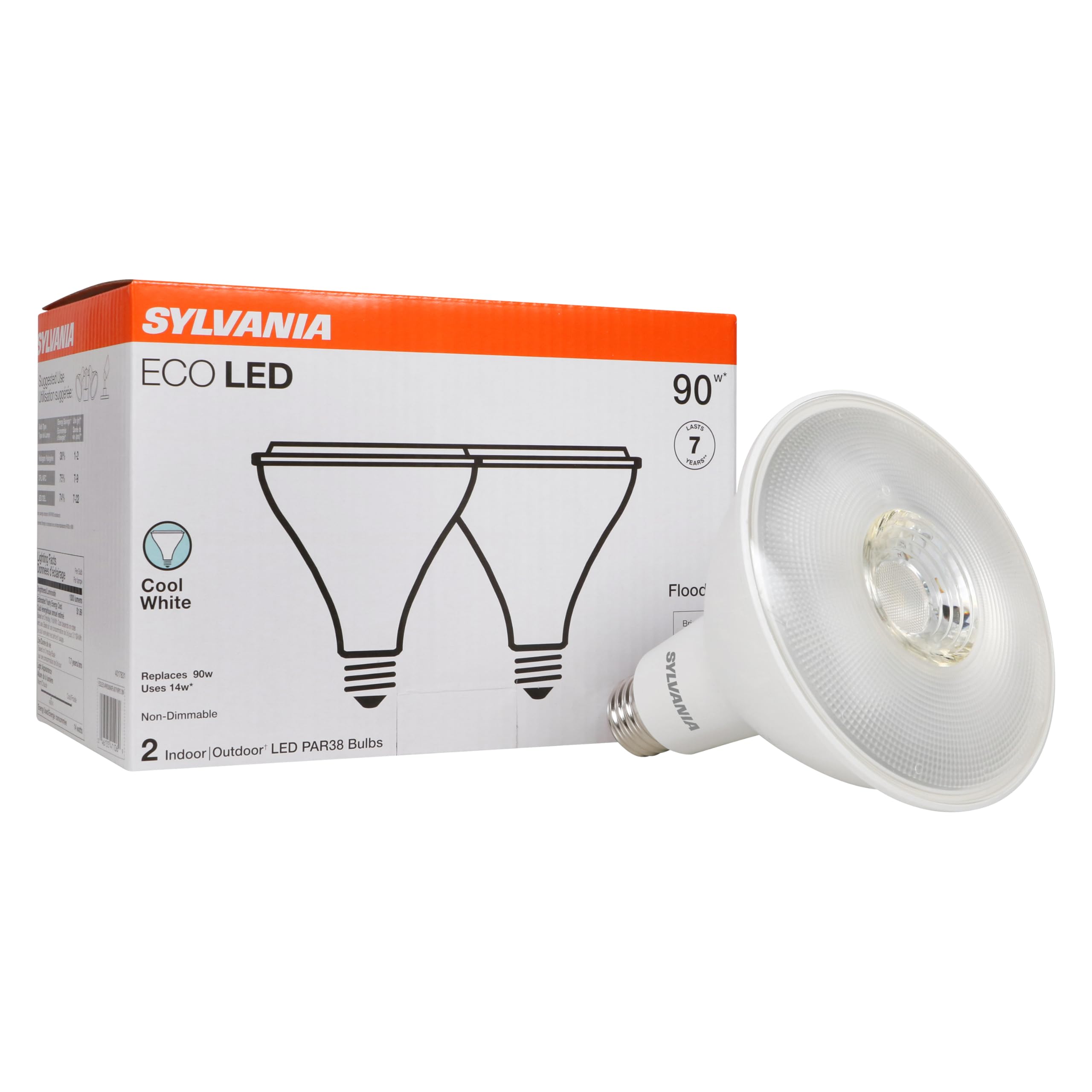 Sylvania ECO LED PAR38 Light Bulb, 90W = 14W, 7 Year, Non-Dimmable, 1000 Lumens, Clear, 4000K, Cool White - 2 Pack (41106)