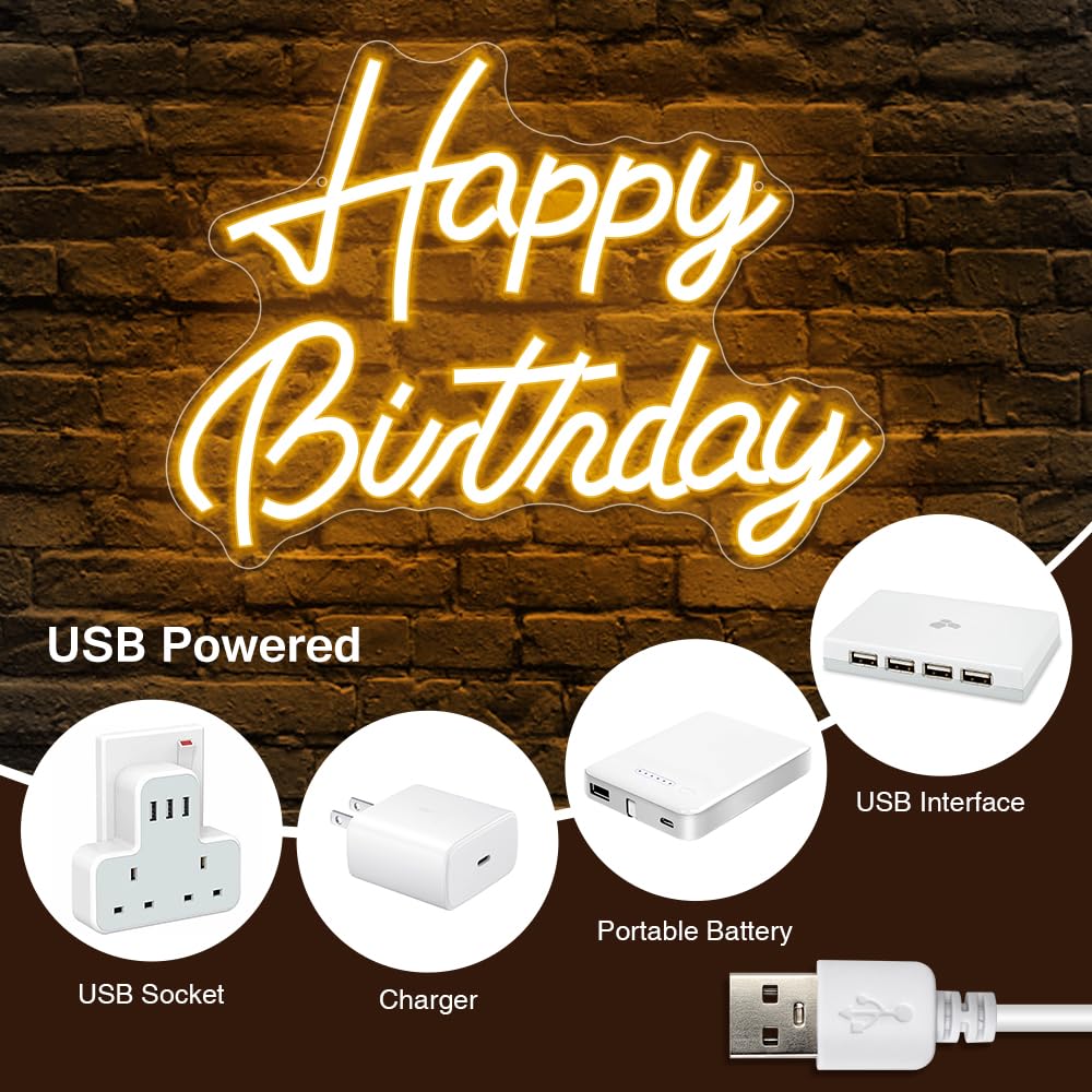 Arrinew Happy Birthday Neon Sign, USB Powered Warm White, 16.5inx 12.5in, Model NHD08