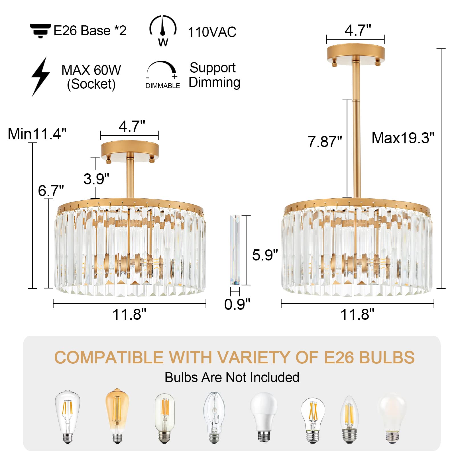 Lighceac 12 Gold Semi Flush Mount Crystal Ceiling Light Fixtures For Kitchen Modern Industrial 2-Light Small Chandeliers Lighting For Bedroom Entryway Hallway Living Dining Room Foyer