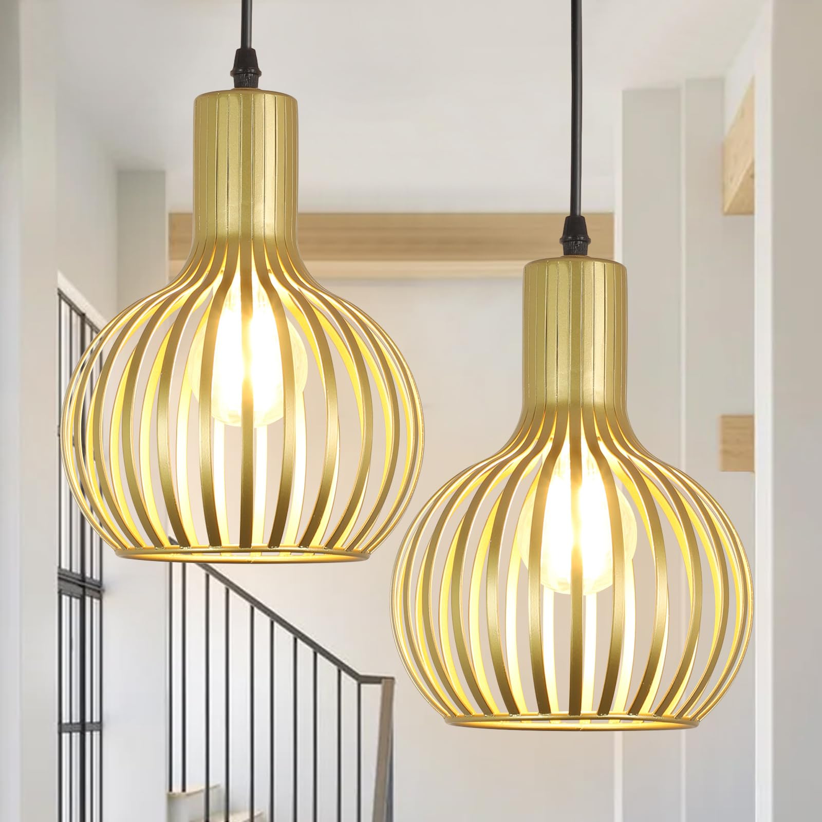 DLLT 2-Pack Gold Pendant Light Fixtures, Adjustable Pendant Lighting Over Sink, Farmhouse Metal Pendant Lights Kitchen Island, V
