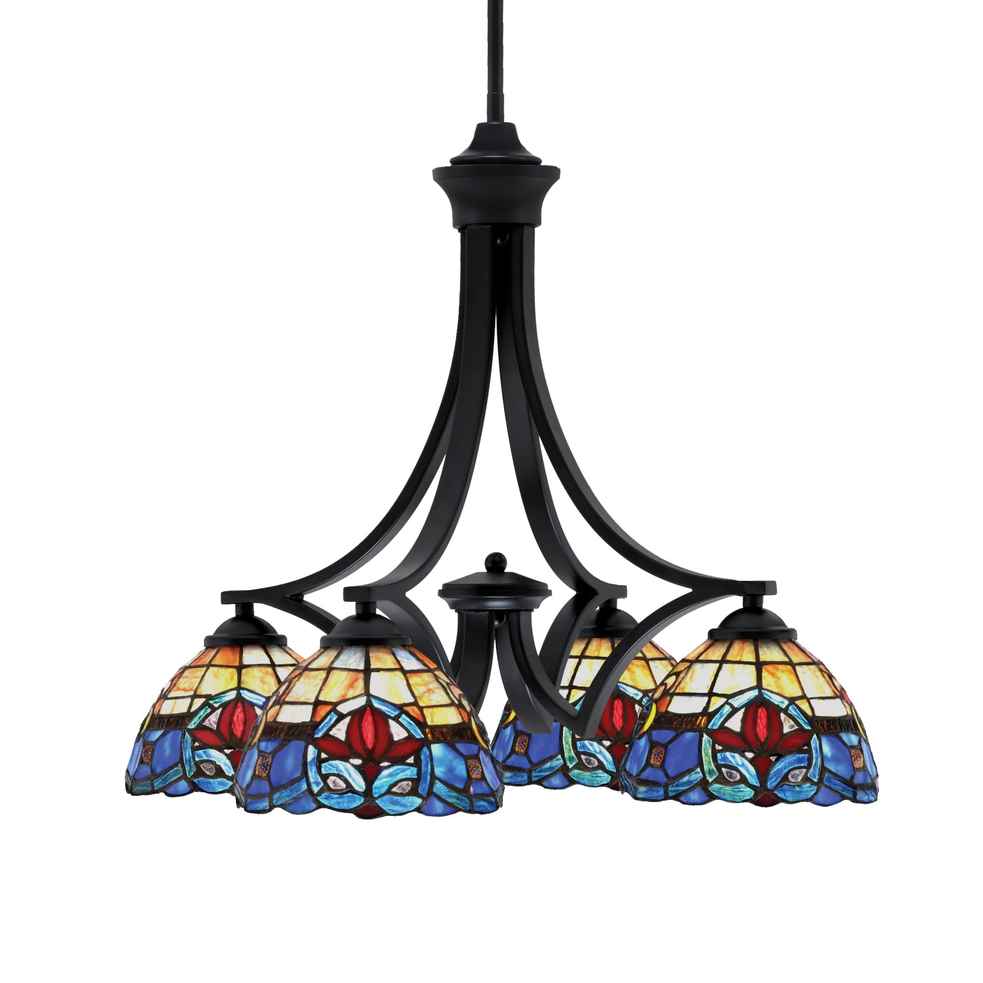 Toltec Lighting Zilo Downlight, 4 Light, Chandelier in Matte Black Finish with 7&quot; Earth Star Art Glass