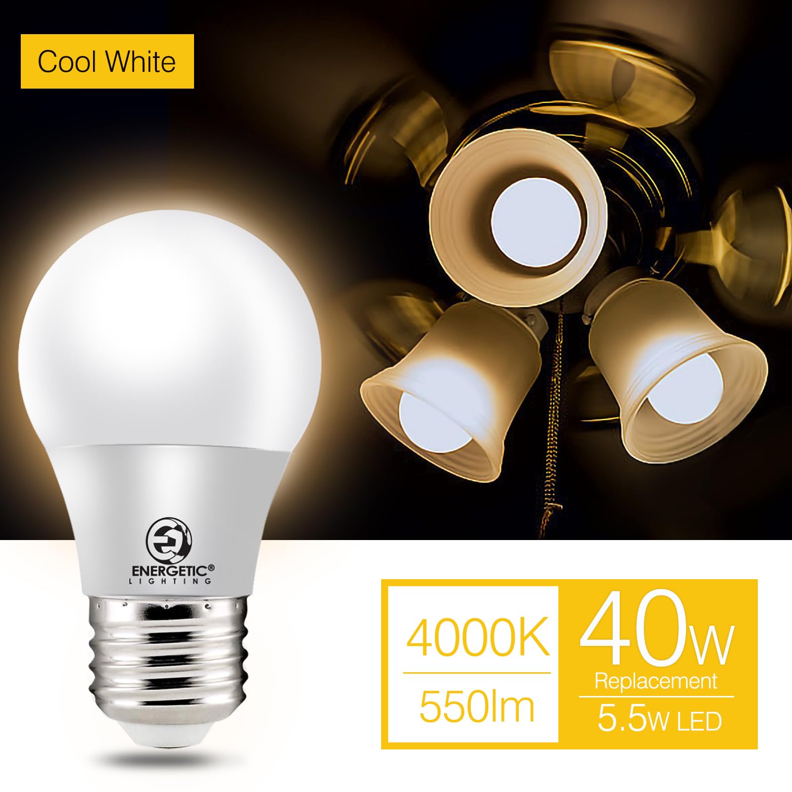 Energetic Lighting Led Refrigerator Bulb 40 Watt Equivalent, 4000K Cool White, Dimmable A15 Ceiling Fan Light Bulbs, E26 Base, U