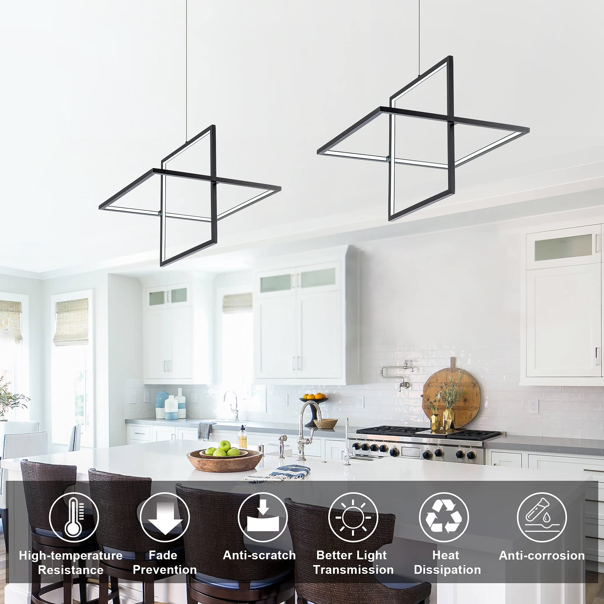 SUNMOO Modern LED Chandelier, Dimmable Square Pendant Light, 65W, 6000K Cool Light, Ideal for Living Room, Dining, Bedroom, Kitchen