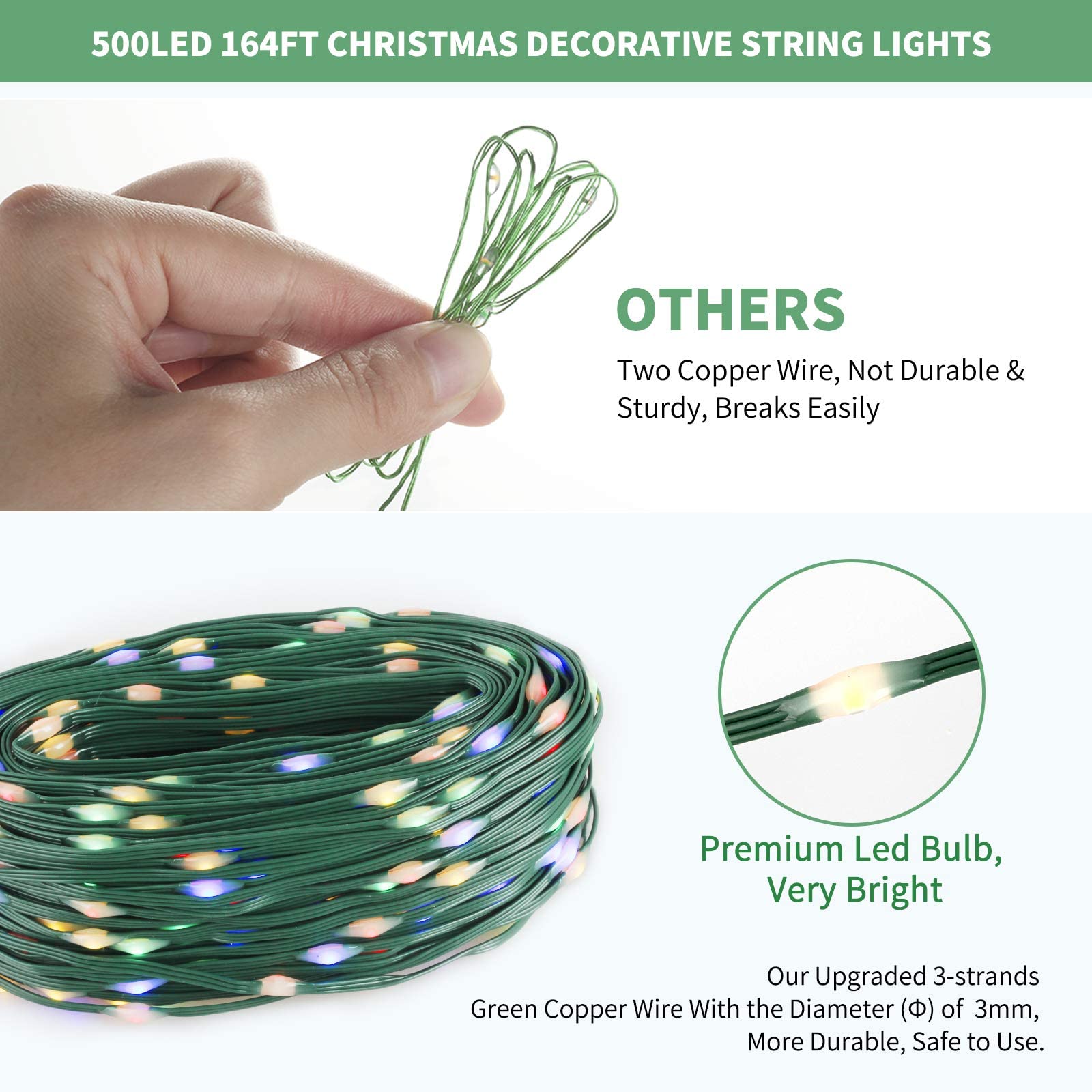 Tcamp 164Ft 500 Led Christmas Lights Outdoor, 8 Modes Christmas Tree Lights With Timer Memory Function, Green Wire Fairy String