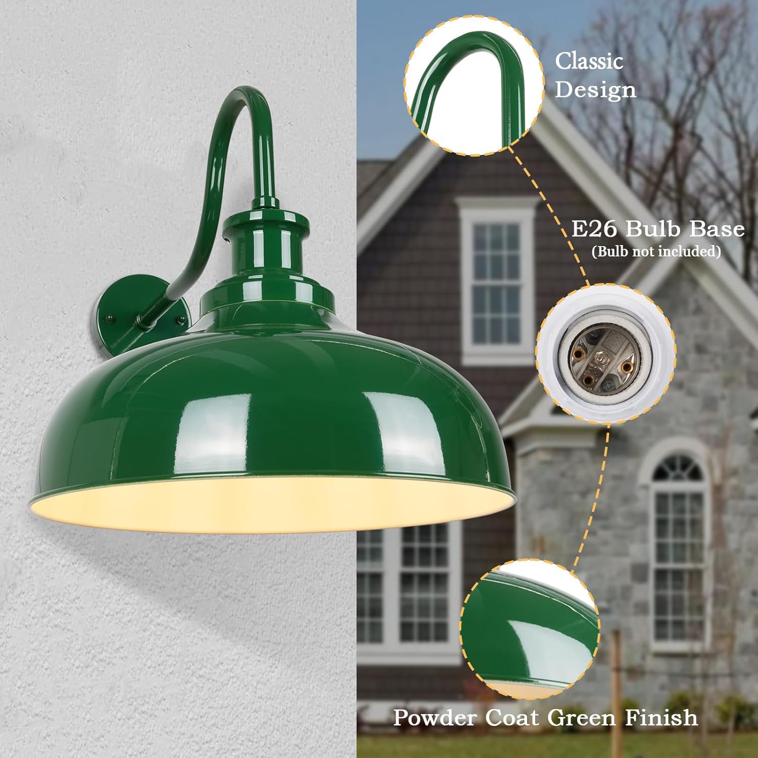 Diyel Outdoor Barn Light  14 Inch Dome Rustic Outdoor Wall Sconce  Farmhouse Exterior Wall Mount Lighting Fixture  Industrial Green Wall Lantern For Porch  Entryway  Garage  Rz007M Gr+Wh
