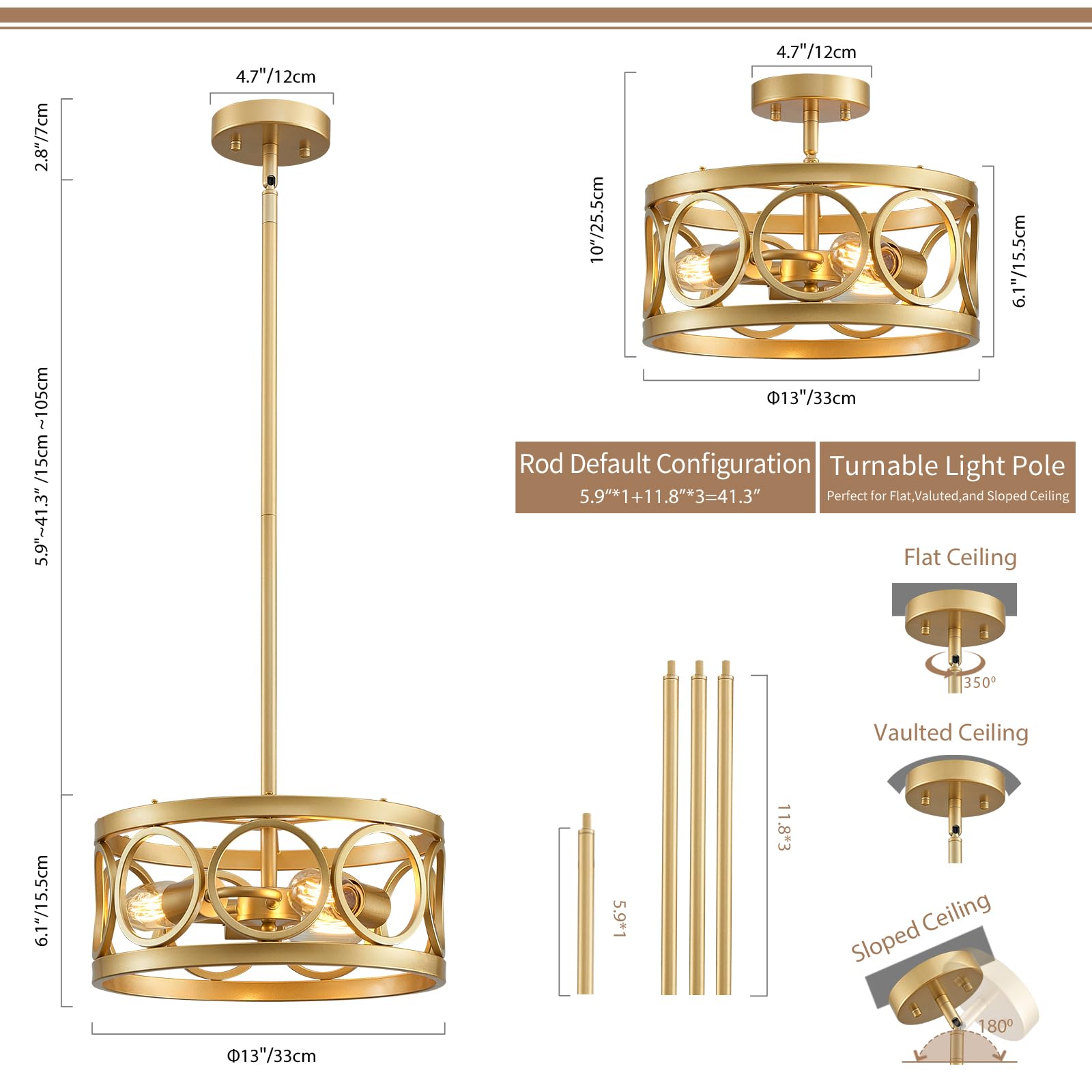 peskoe Gold Ceiling Light 3-Light Drum Pendant Fixture 13inL x 13inW x 6.1inH Farmhouse Chandelier