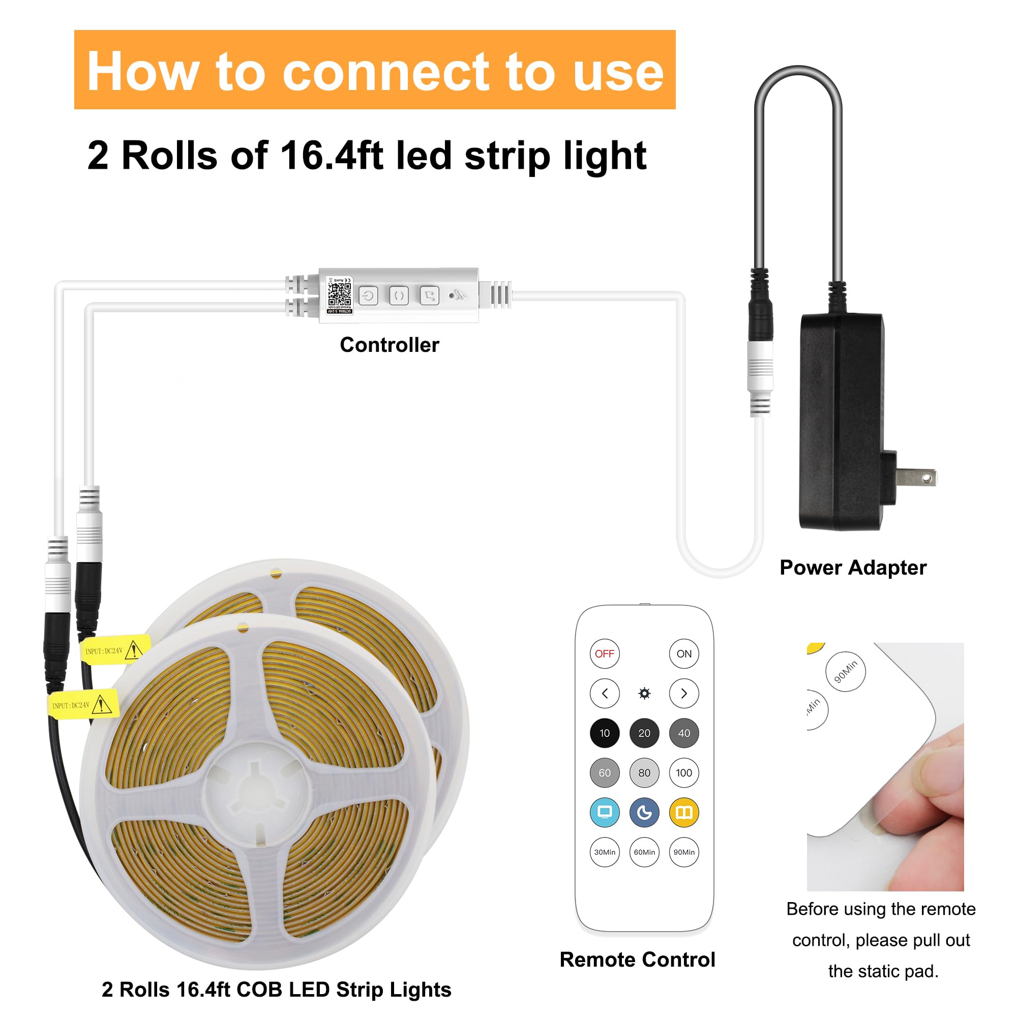 Axmotut 32.8Ft Cob Led Strip Light Warm White, High Bright Led Strips With 320Leds, Rf Remote And Ul Power Supply, 3000K Dimmabl