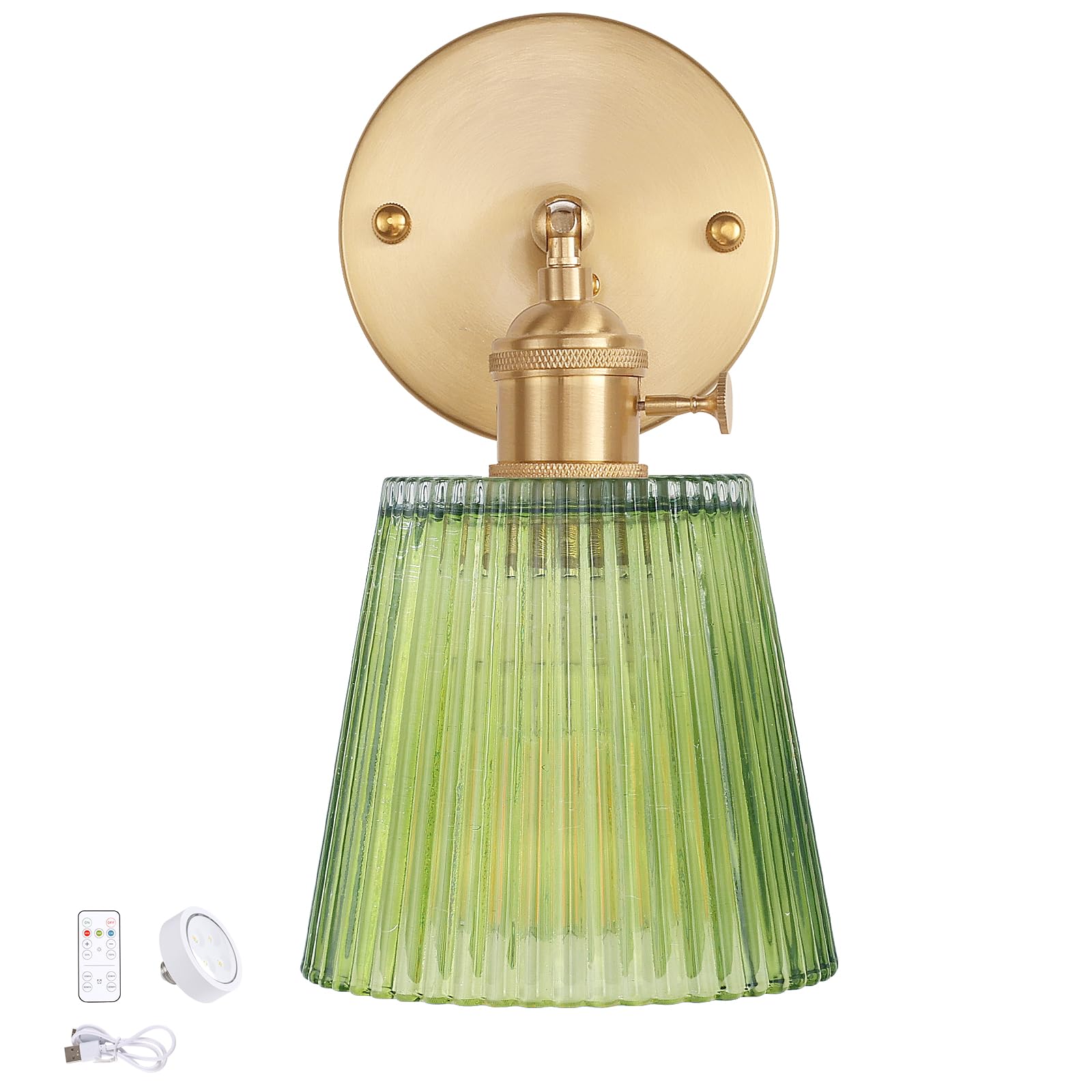 Shenmoyl Vintage Battery Operated Wall Sconce, Green Stripe Glass Lampshade, Remote Control, 1 Light, Model 1-9330