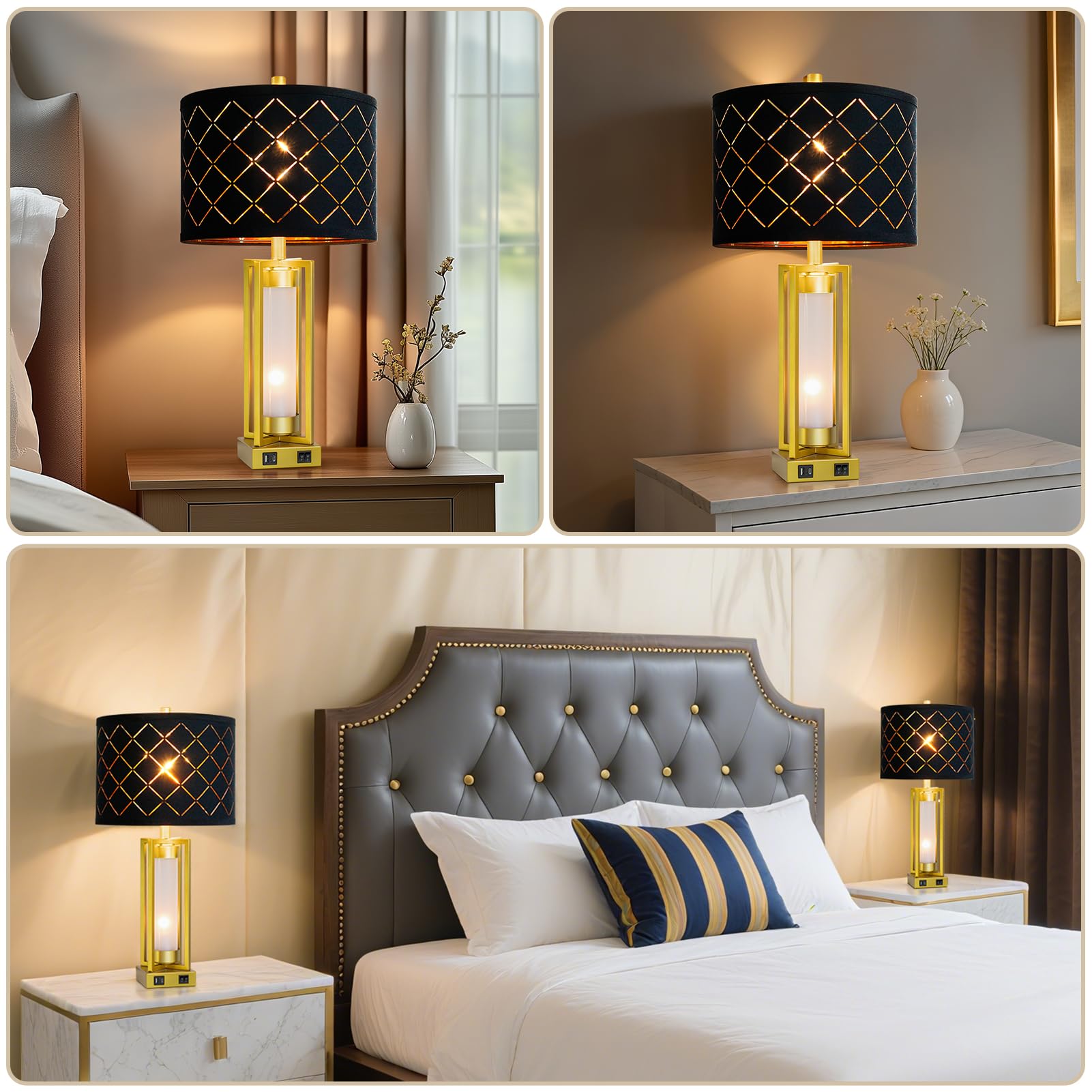 Roriano Set Of 2 Modern Table Lamps For Living Room Bedroom With Usb C+A, Rustic Nightstand Lamps With White Night Light, Black