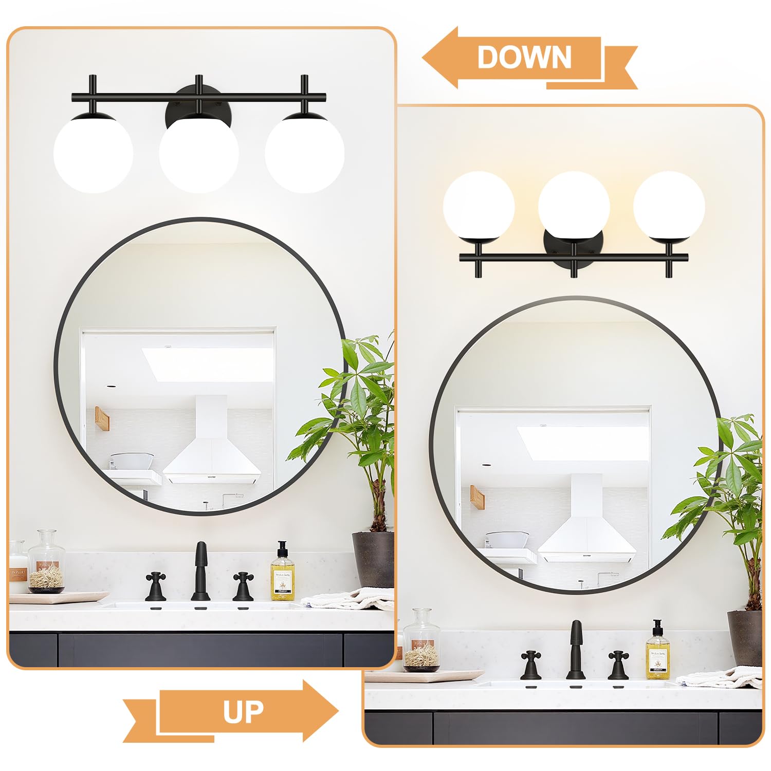 3-Light Bathroom Light Fixtures  Matte Black Vanity Lights For Bathroom With Milky White Glass Ball Shade  18.9 Inch Bathroom Lighting Fixtures Over Mirror  Wall Sconce For Bedroom (Bulb Not Included)
