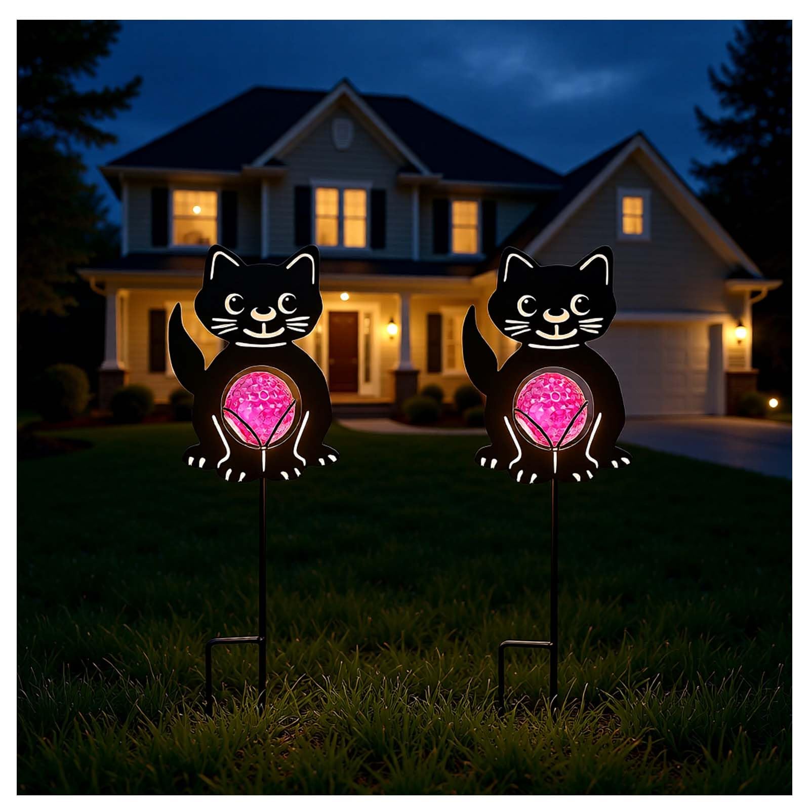 Ptxbeemyd Back Cat Solar Lights Outdoor Decorations, 2 Pack Metal Iron Solar Stake Lights for Yard, Garden, Lawn Decor