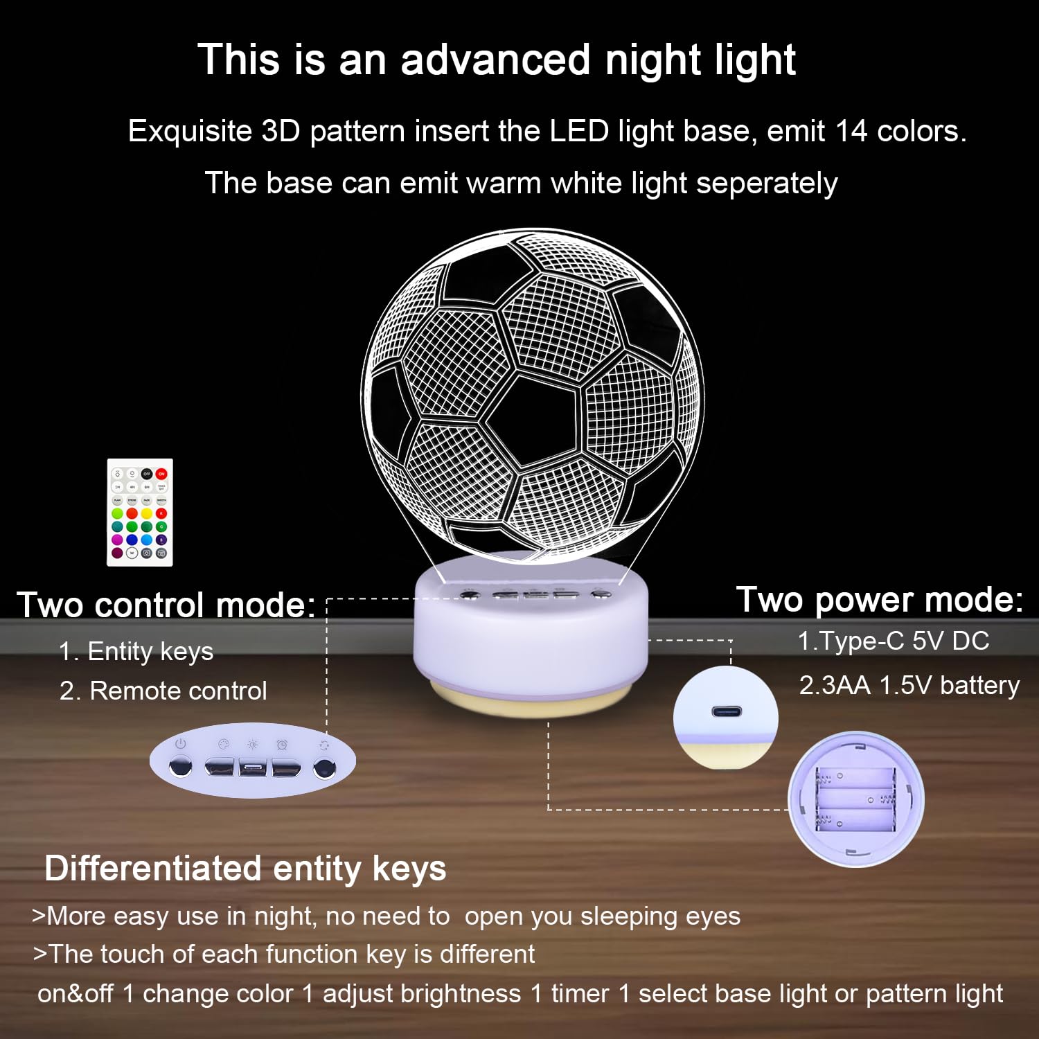 Shinecloud Classic Football Night Light Table Mood Lamp, Football Gifts, Entity Key/Timer/Remote Control/Dimmable, Christmas/Bir