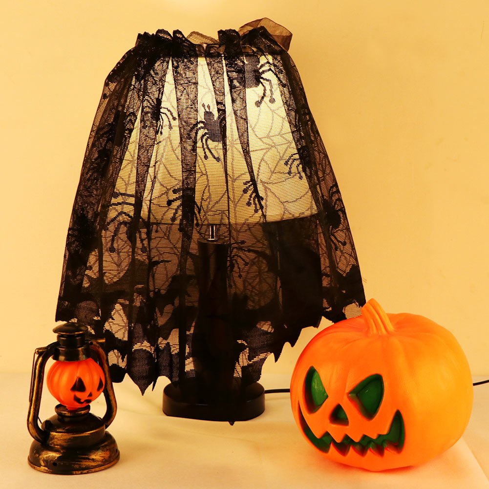 OurWarm 18 x 60 Inch Halloween Black Lace Lamp Shade Cover with Ribbon, 3 in 1 Black Spider Lamp Shade Covers for Halloween Deco