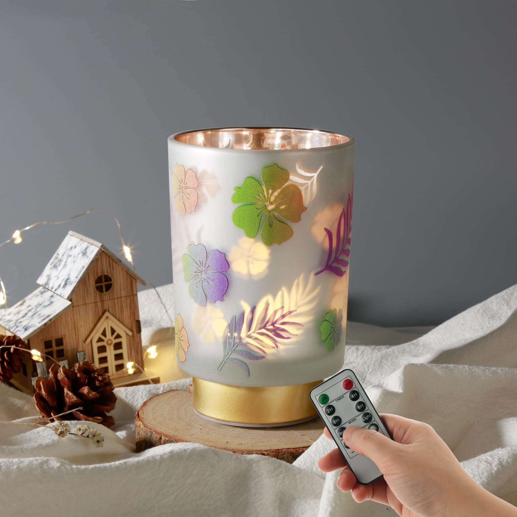 Eywamage Small Battery Operated Table Lamp, Glass Floral Lamp with Remote Timer, Cordless Accent Lamp Light for Bedroom Living R