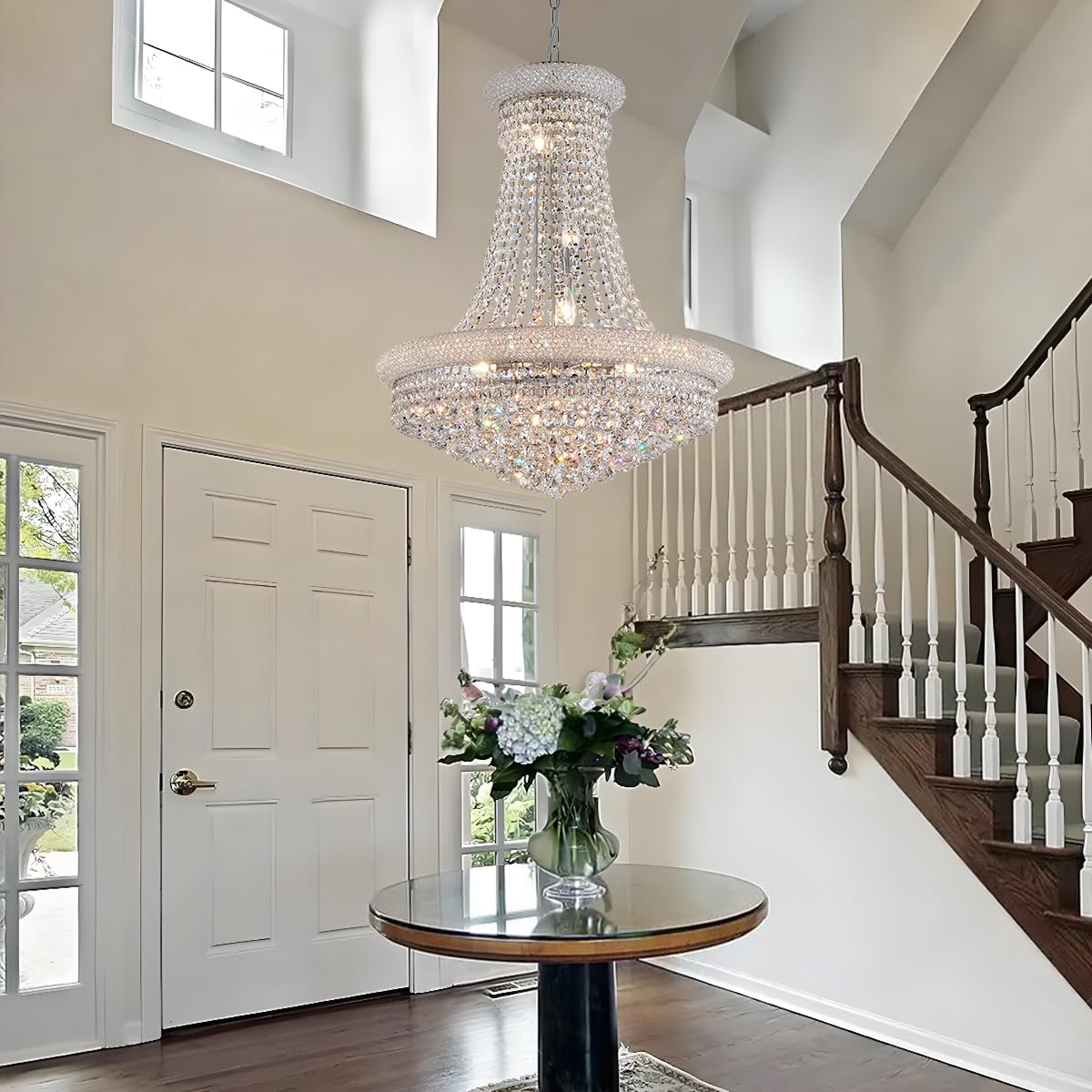 Dunfizz Modern Crystal Chandeliers Foryer Chandelier For High Ceilings, 11-Lights Silver Empire Crystal Chandeliers For Living D