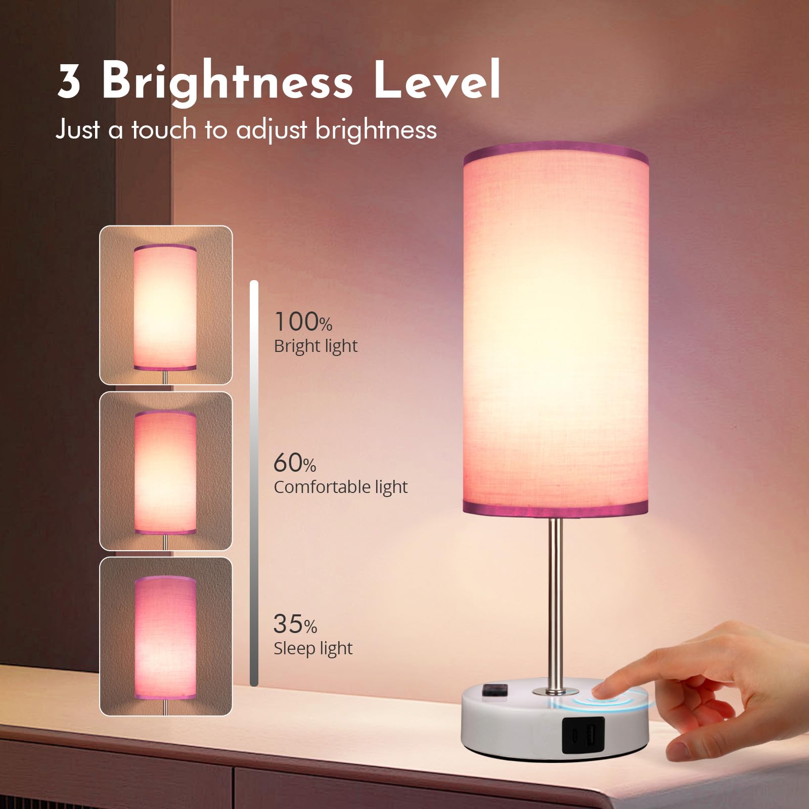 Gugsey Bedside Table Lamp With Usb Port - Touch Desk Lamp For Bedroom, 3 Way Dimmable Small Nightstand Lamp For Living Room, Bed