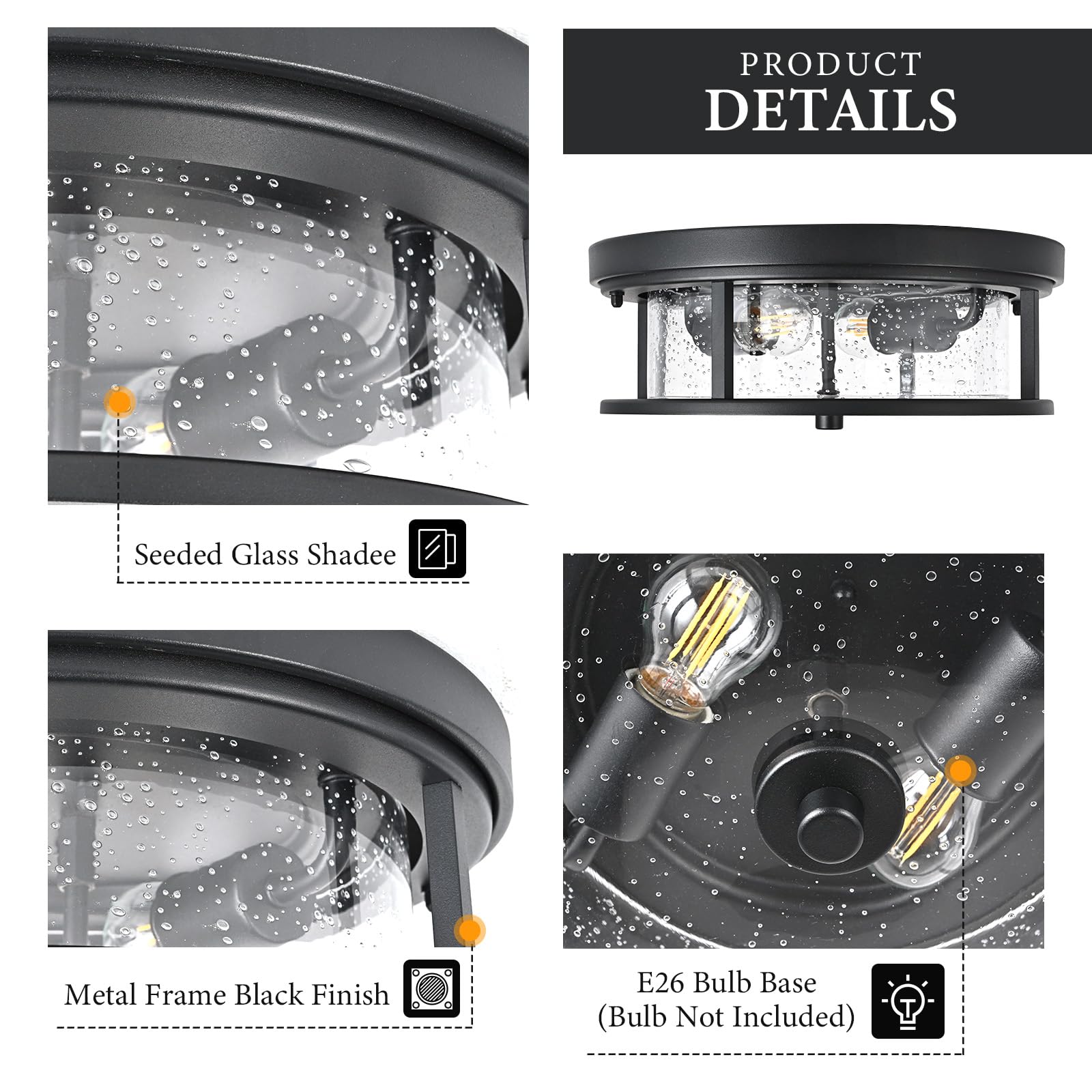 Odorpower Black Ceiling Light Fixtures Flush Mount Light, 2 Bulb With Glass Flush Mount Ceiling Light Fixture Bedroom, Indoor Outdoor Ceiling Lights For Porch Hallway Kitchen
