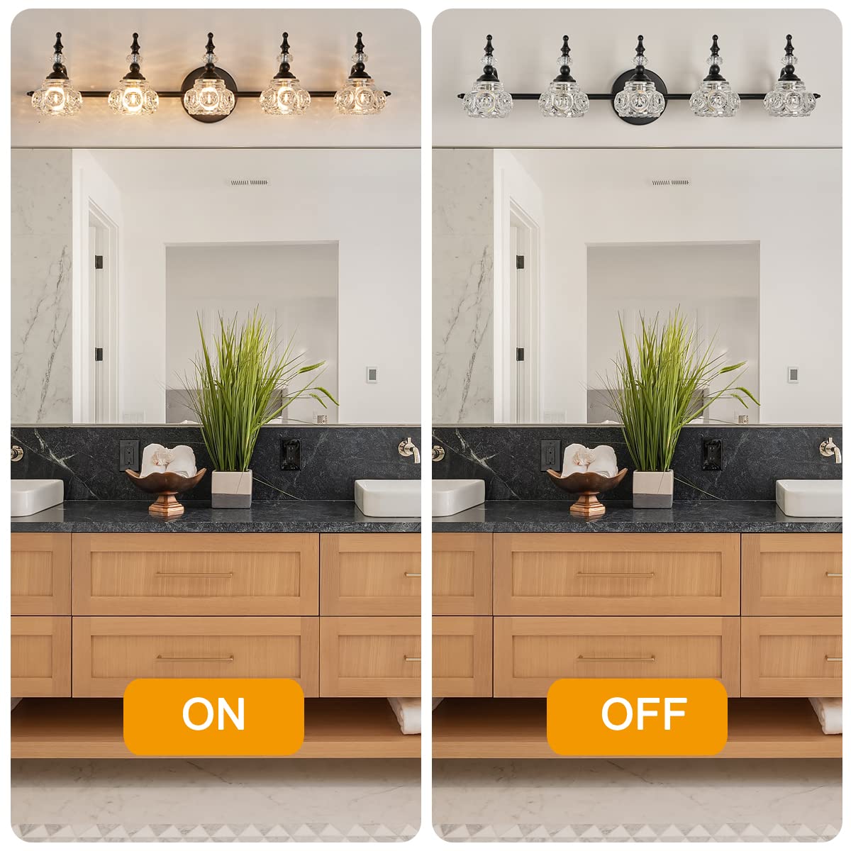Zilanl 5-Light Vintage Black Bathroom Vanity Light With Crystal Glass Shade, Wall Sconce