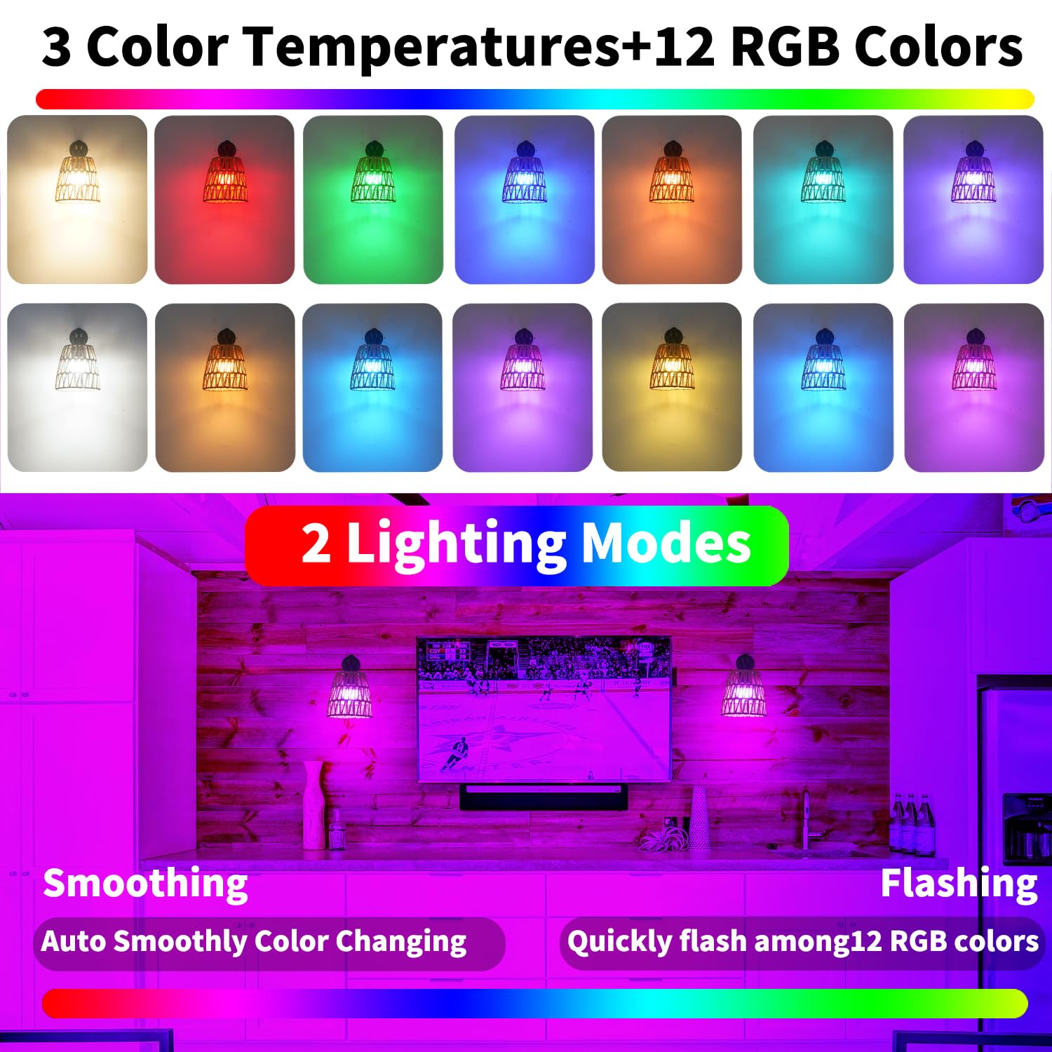 OIYIO Boho Rattan Wall Sconces Set of 2, Black, Battery Operated, RGB Colors, Rechargeable, 6.3in Wireless, Model DX23067W1