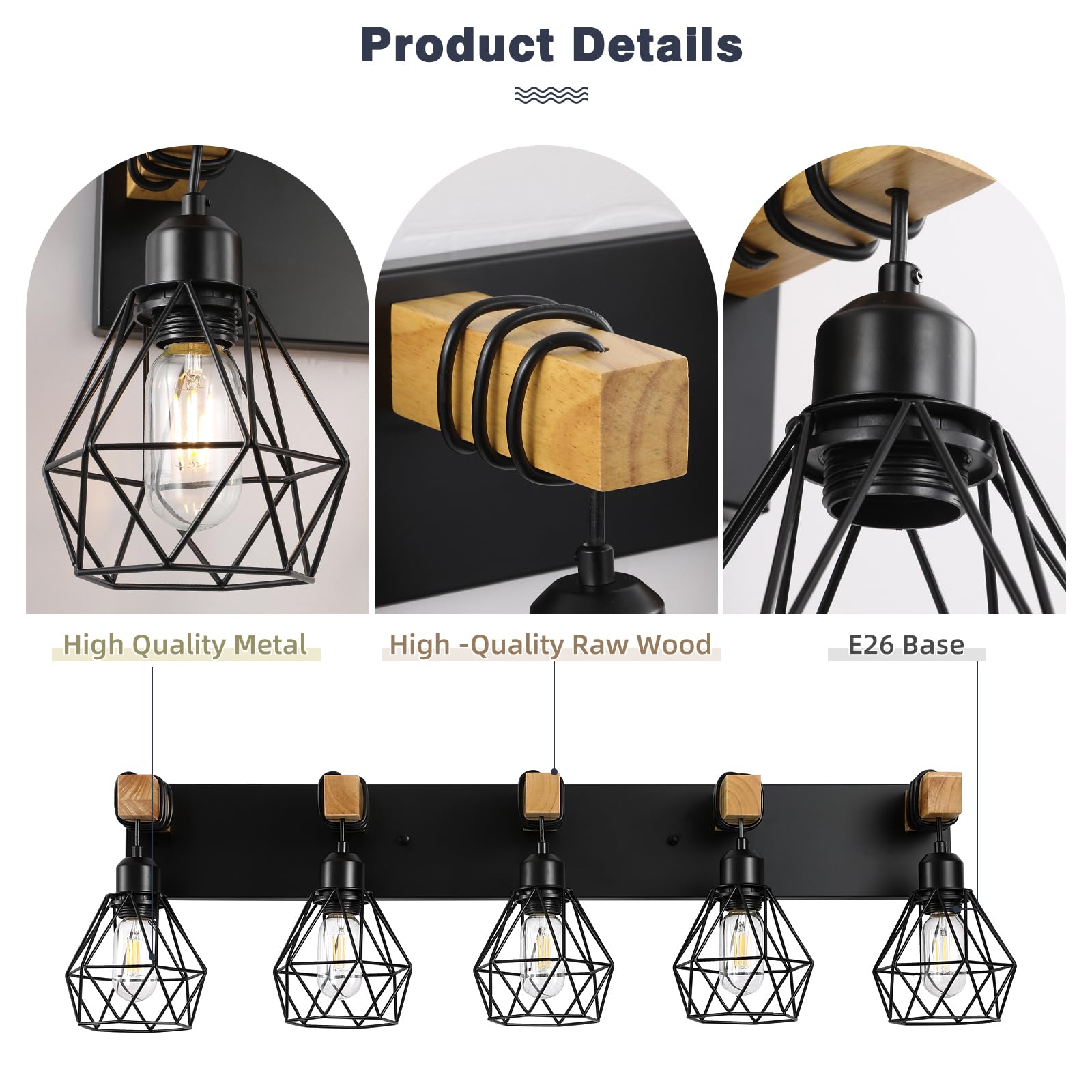 Maesta 5-Light Bathroom Vanity Light Fixtures, Rustic Metal Sconces, Black, Model MA022