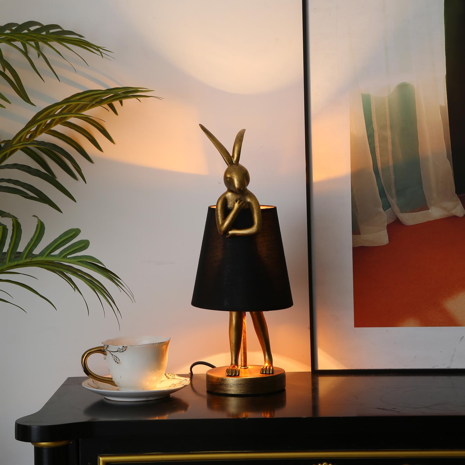 Nordiem Cute Rabbit Animal Table Lamp, Creative Gold Resin Apron Led Desk Light,White/Black Linen Shade,15.7'', Home Decor Eye P