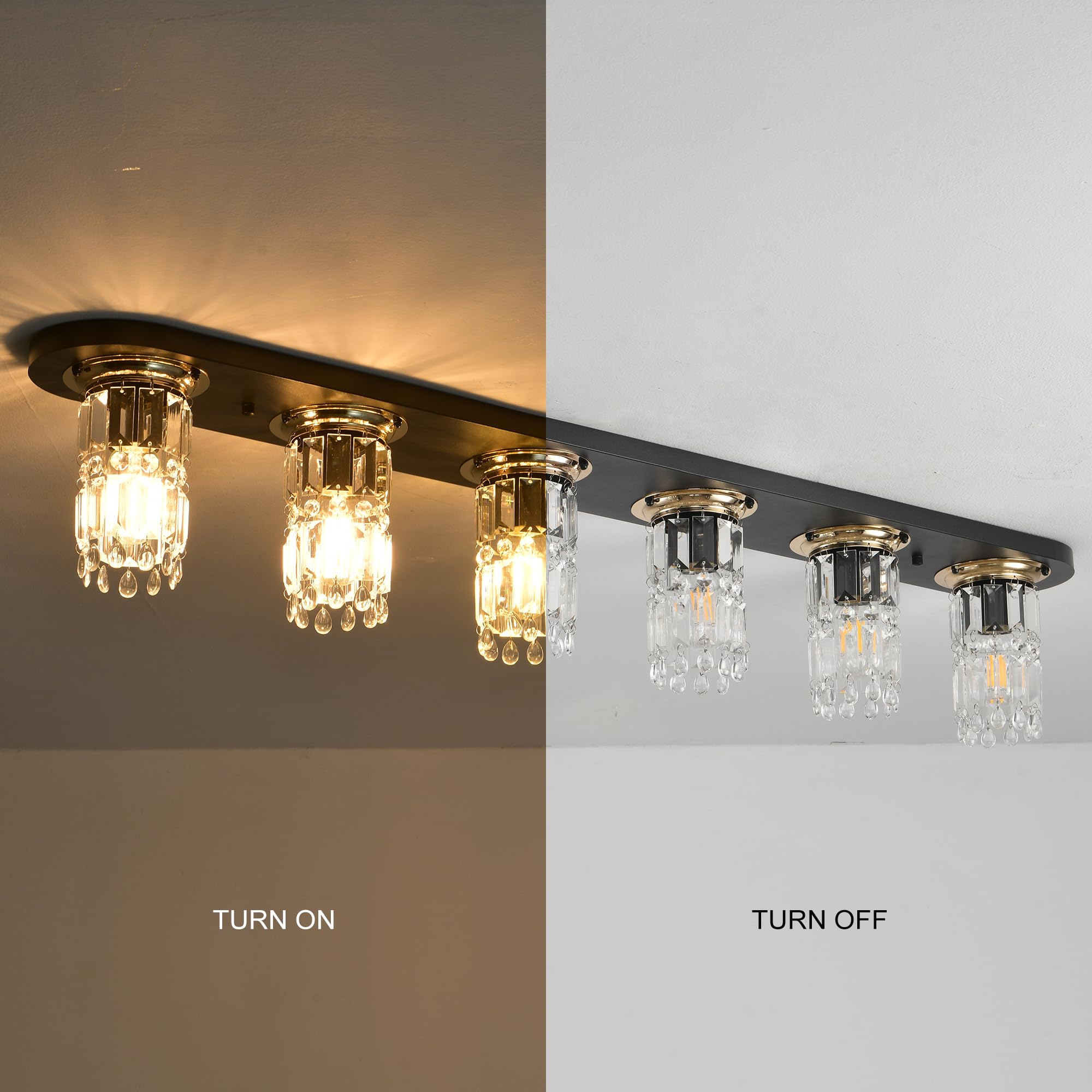 Garwarm 47.24 Inch Modern Crystal Flush Mount Ceiling Light Crystal Chandelier Black Dining Room Light Fixture Long Ceiling Lamp