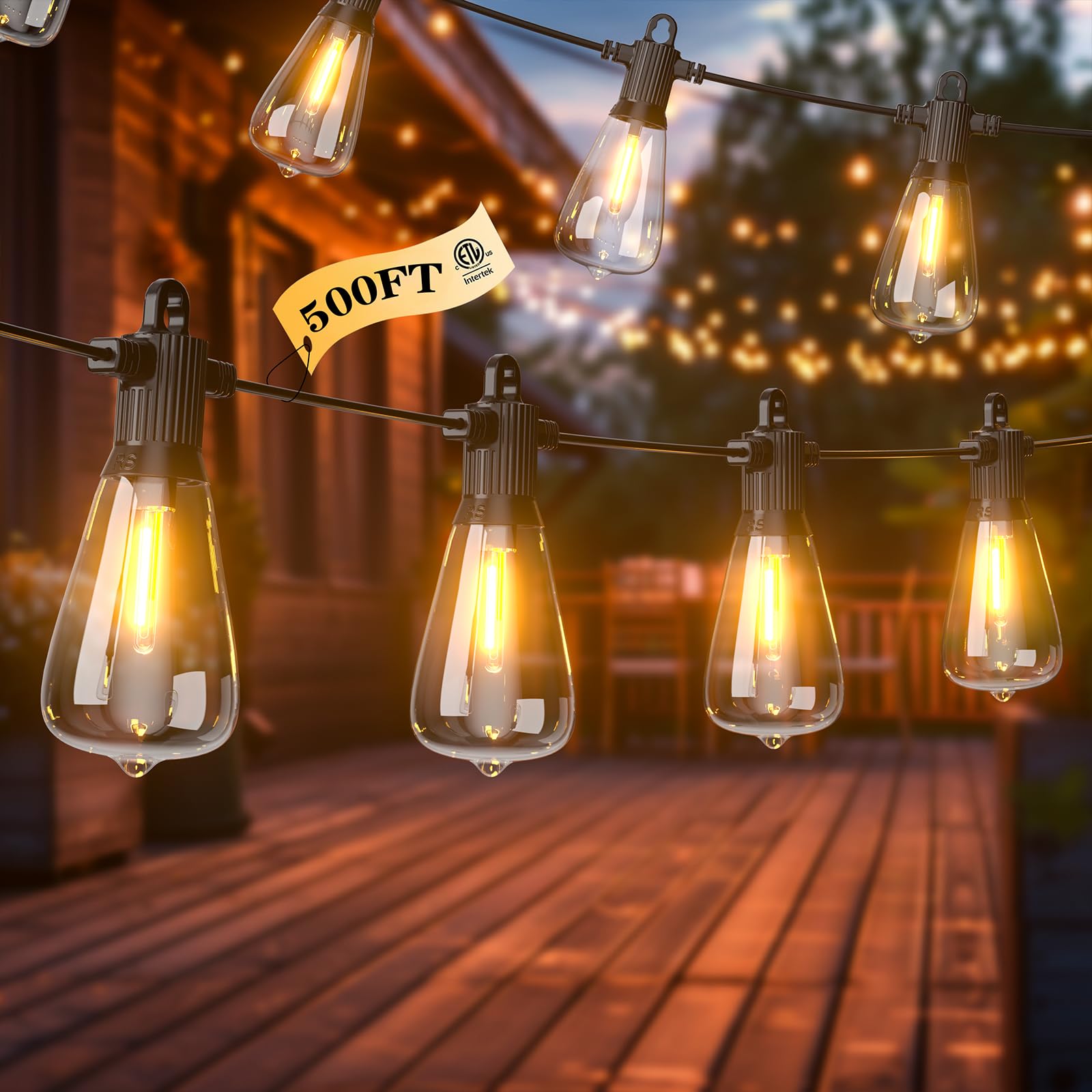 FOOMAN LED Outdoor String Lights, 500FT Outside Waterproof Hanging Patio Lights with 250+10 Shatterproof ST38 Edison Bulbs, 2700