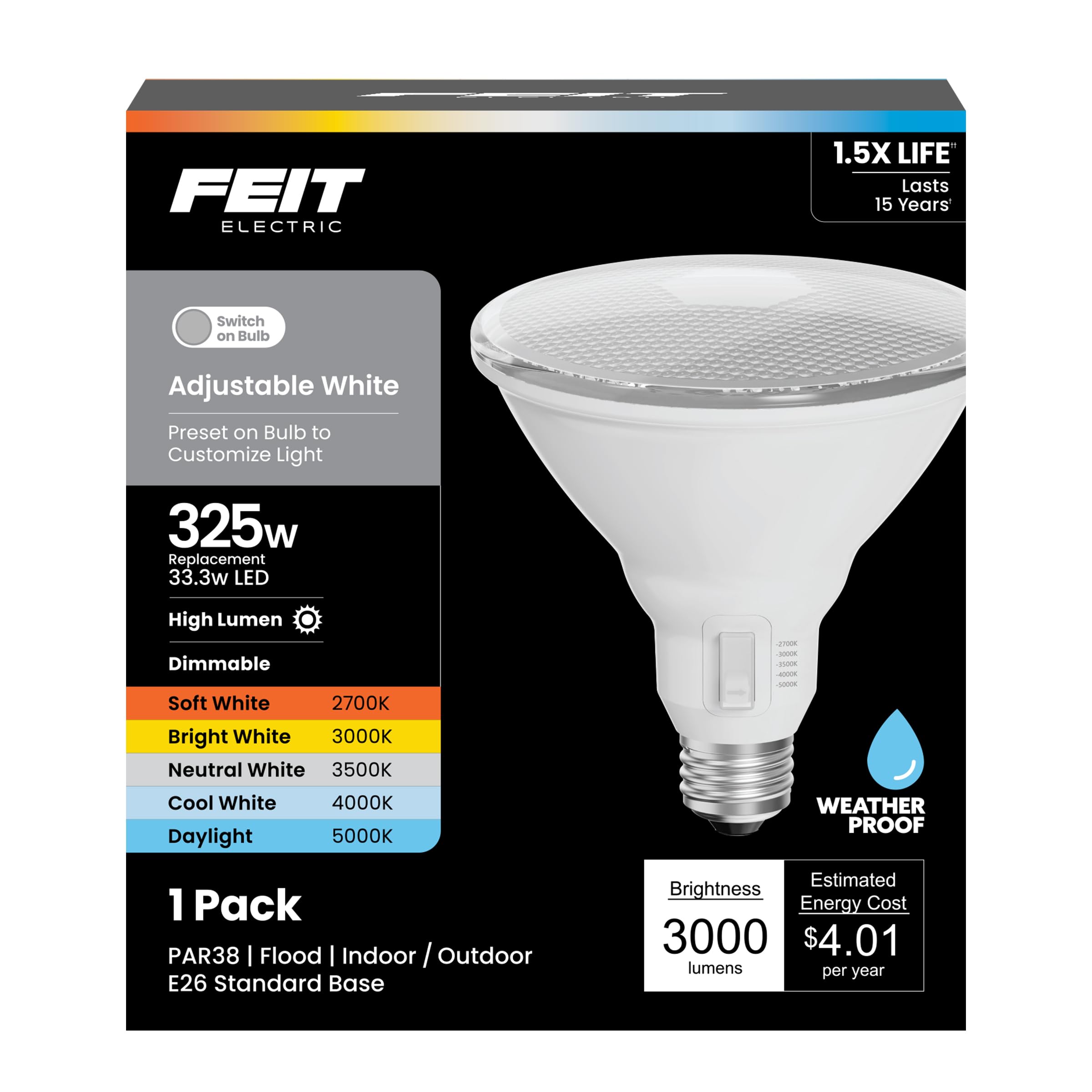 Feit Electric Par38 Led Reflector Light Bulb, 325W Equivalent, 5 Color Temperatures (Soft To Daylight), Dimmable, 3000 Lumens, O