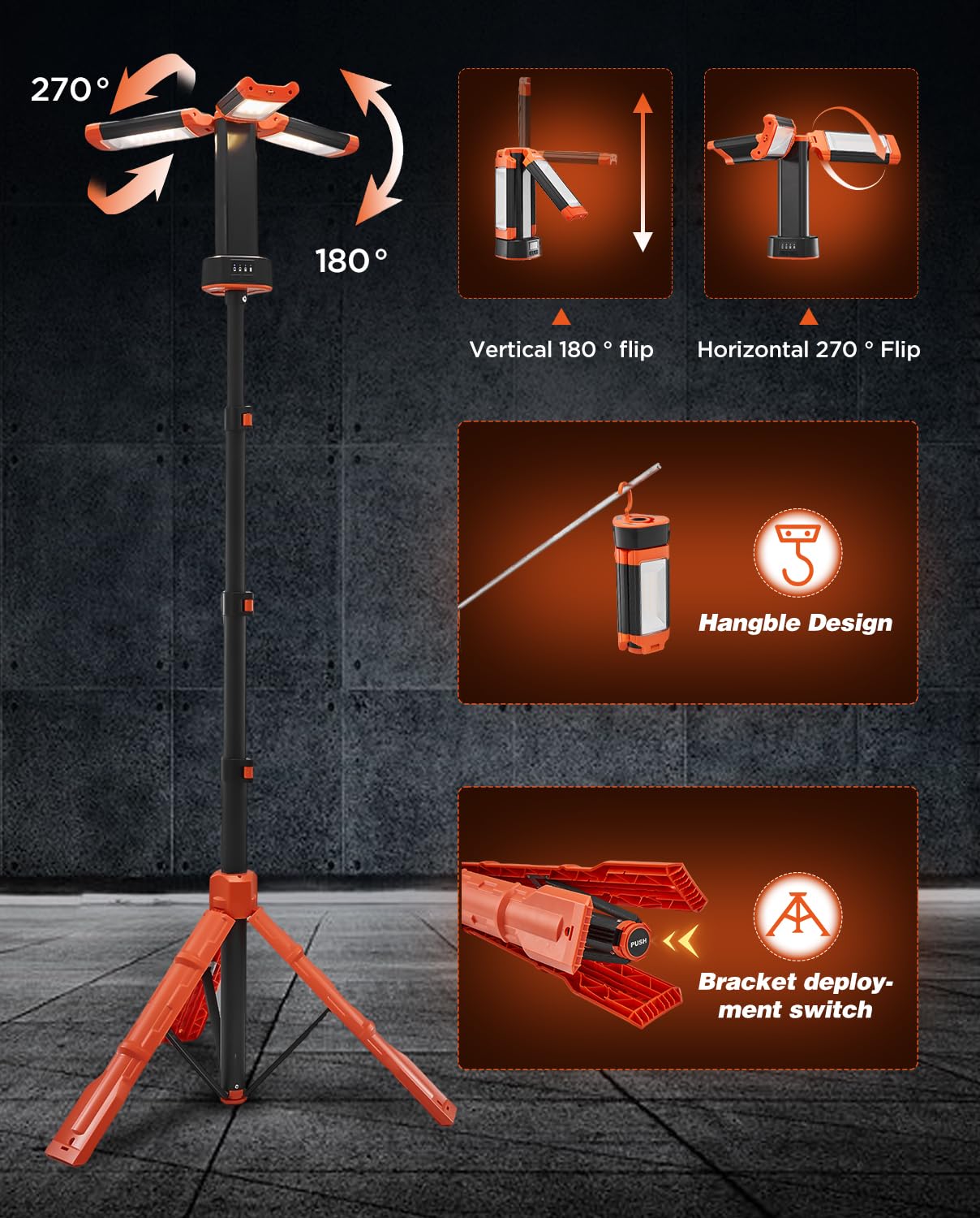 Saker Portable Camping Light LD10, 800/3200 Lumen, Rechargeable, Dimmable, 73.2in Stand, Orange