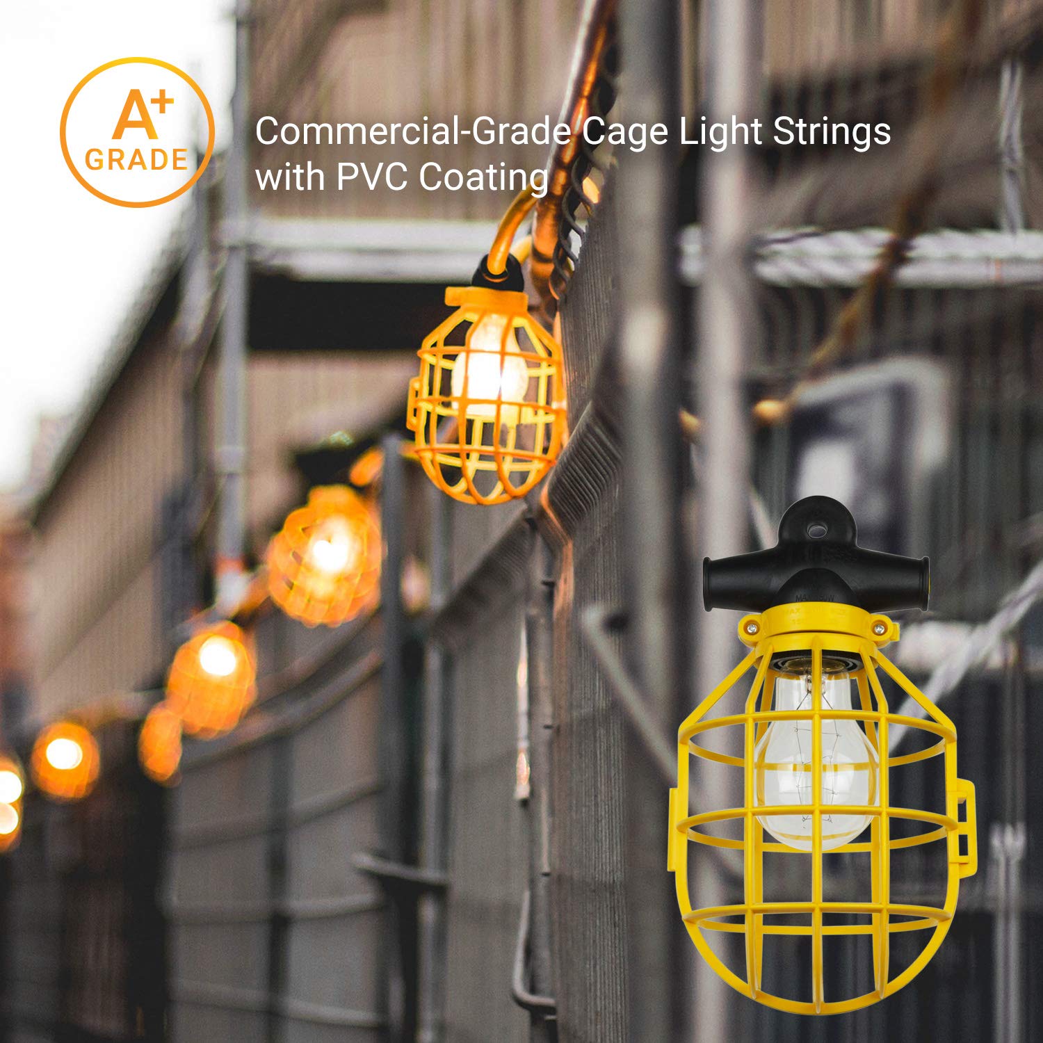 Sunlite Construction Cage String Lights, 50ft, 5 E26 Sockets, 75W Max, PVC, Yellow, Model EX50-14/2/SL, Indoor/Outdoor