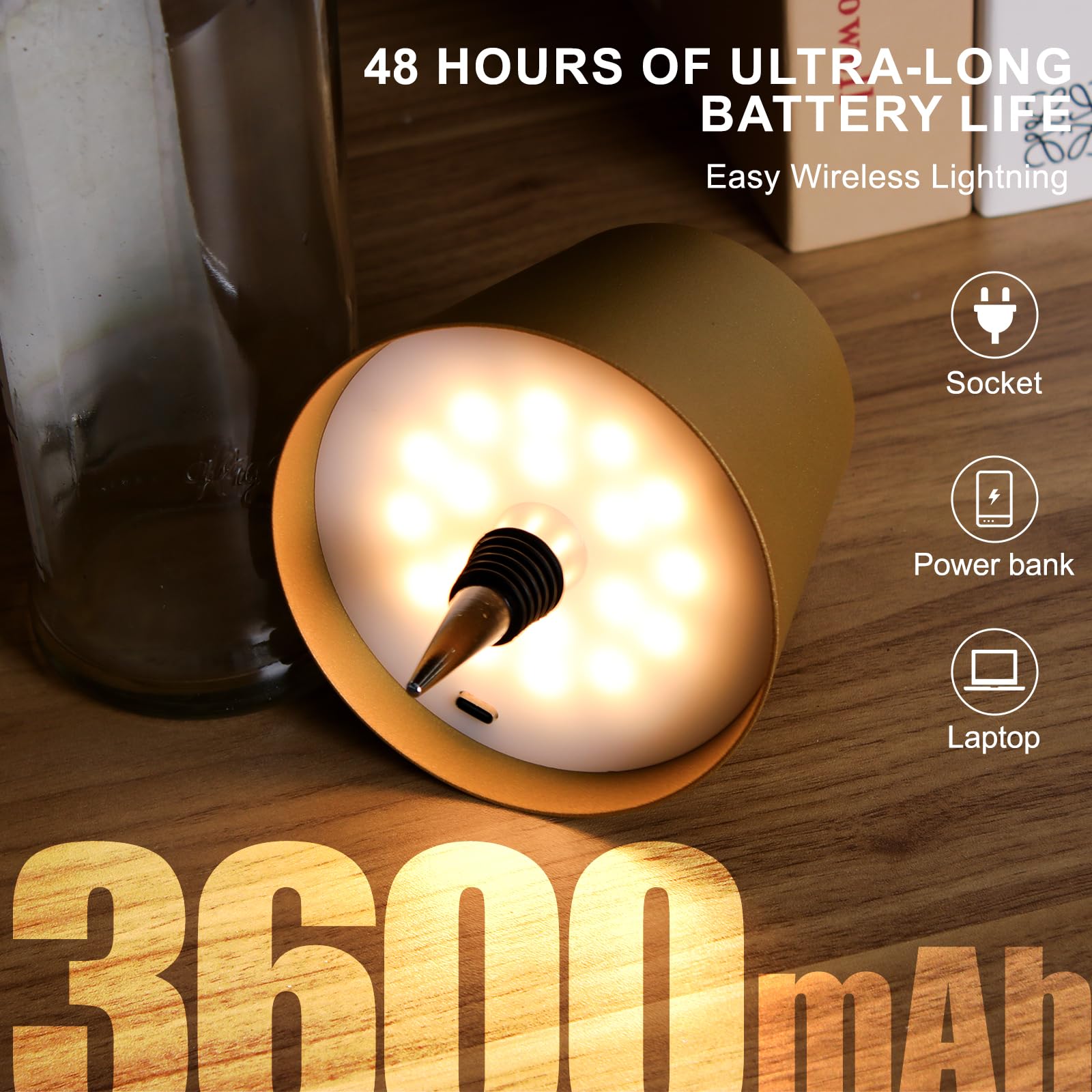 3600Mah Wireless Bottle Lamp, 2025 New 3 Color Rechargeable Wine Bottle Light, Cordless Led Table Light For Bars Restaurants (Go