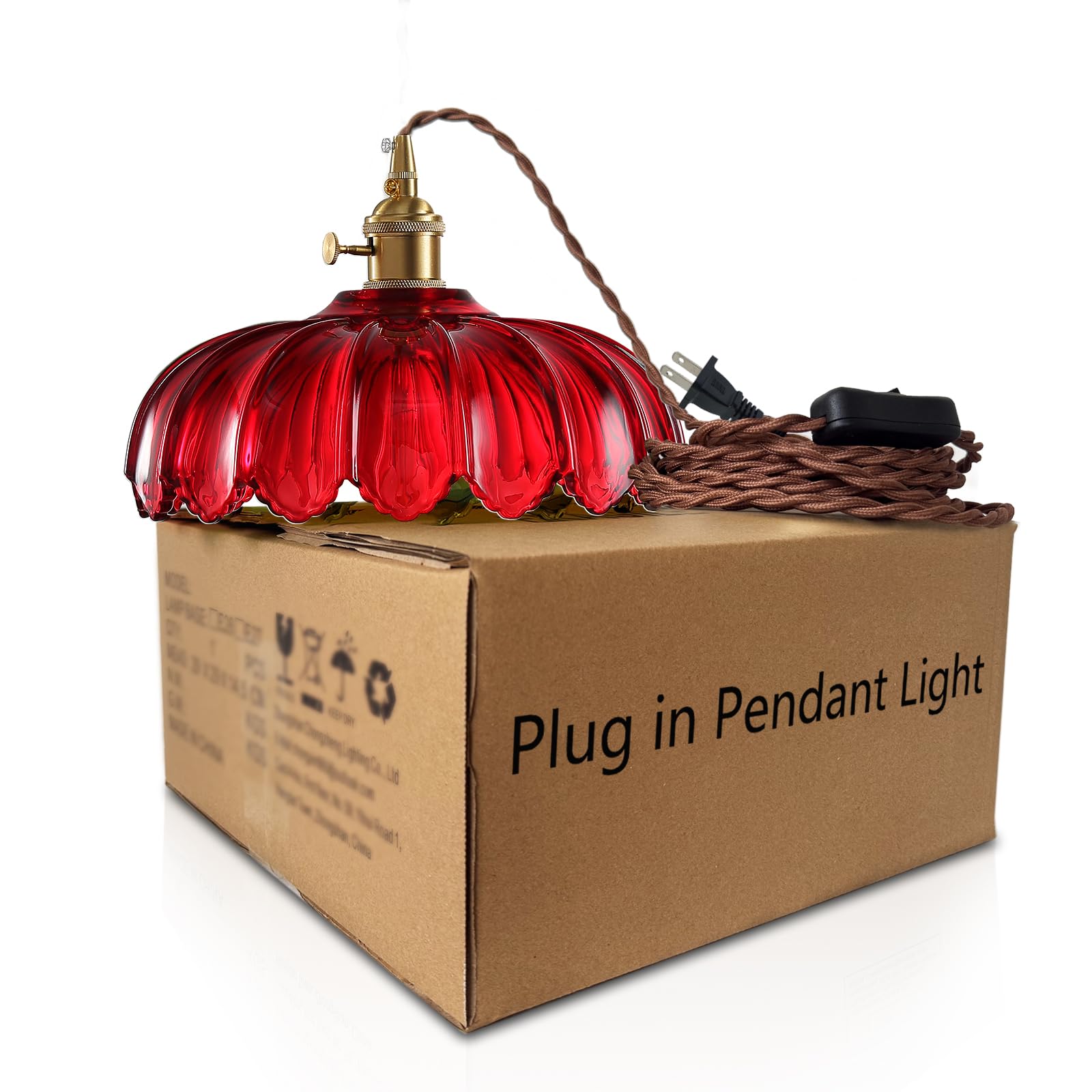 XZHGCEE Plug-in Pendant Light, Red Glass Hanging Lamp, E26 Compatible, Model 6202401, Ideal for Kitchen, Bedroom, Dining Room, Living Room