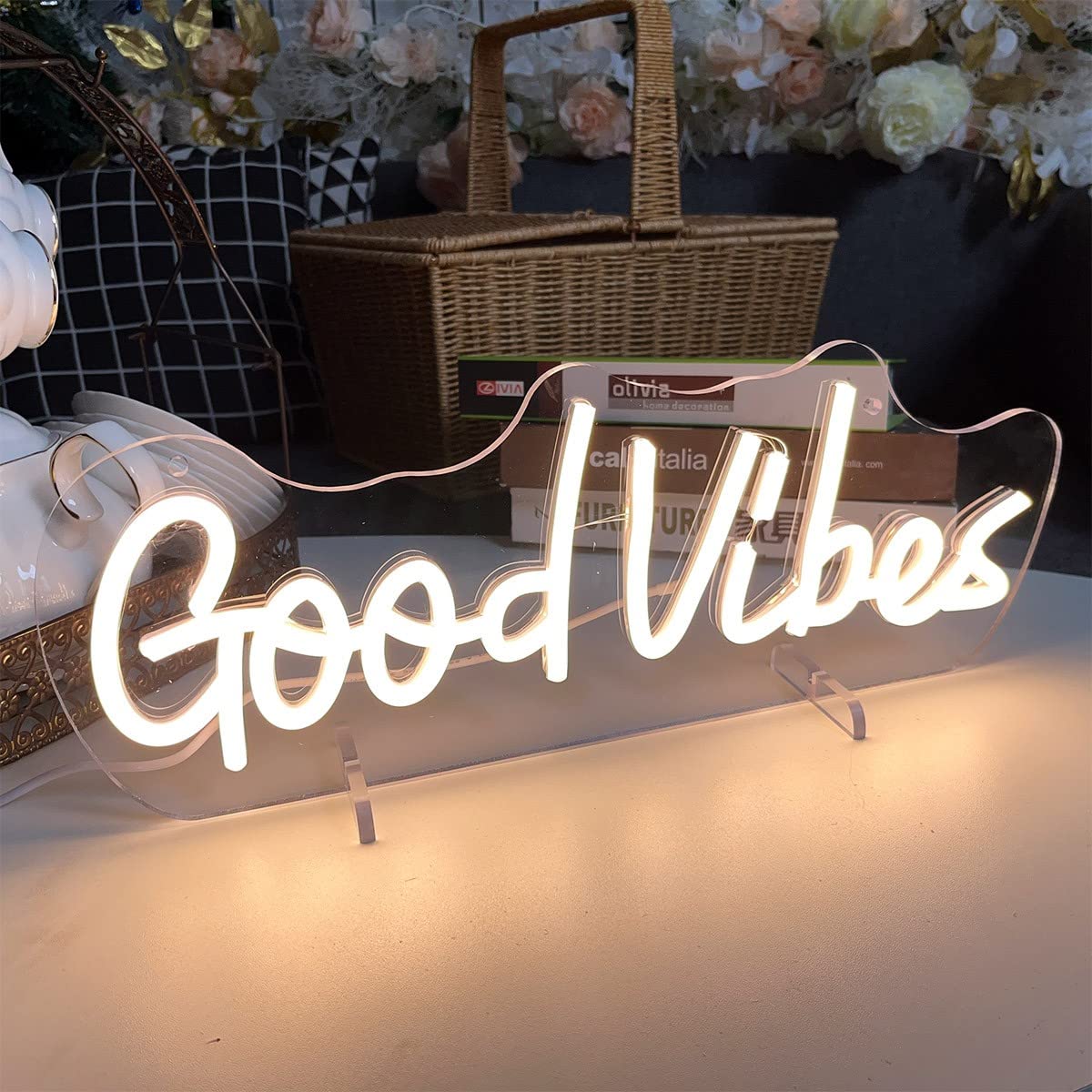 Zplnosin Good Vibes Neon Sign Desk Lamp - Led Wedding Table Decor, 40×10.7 Cm, Warm White