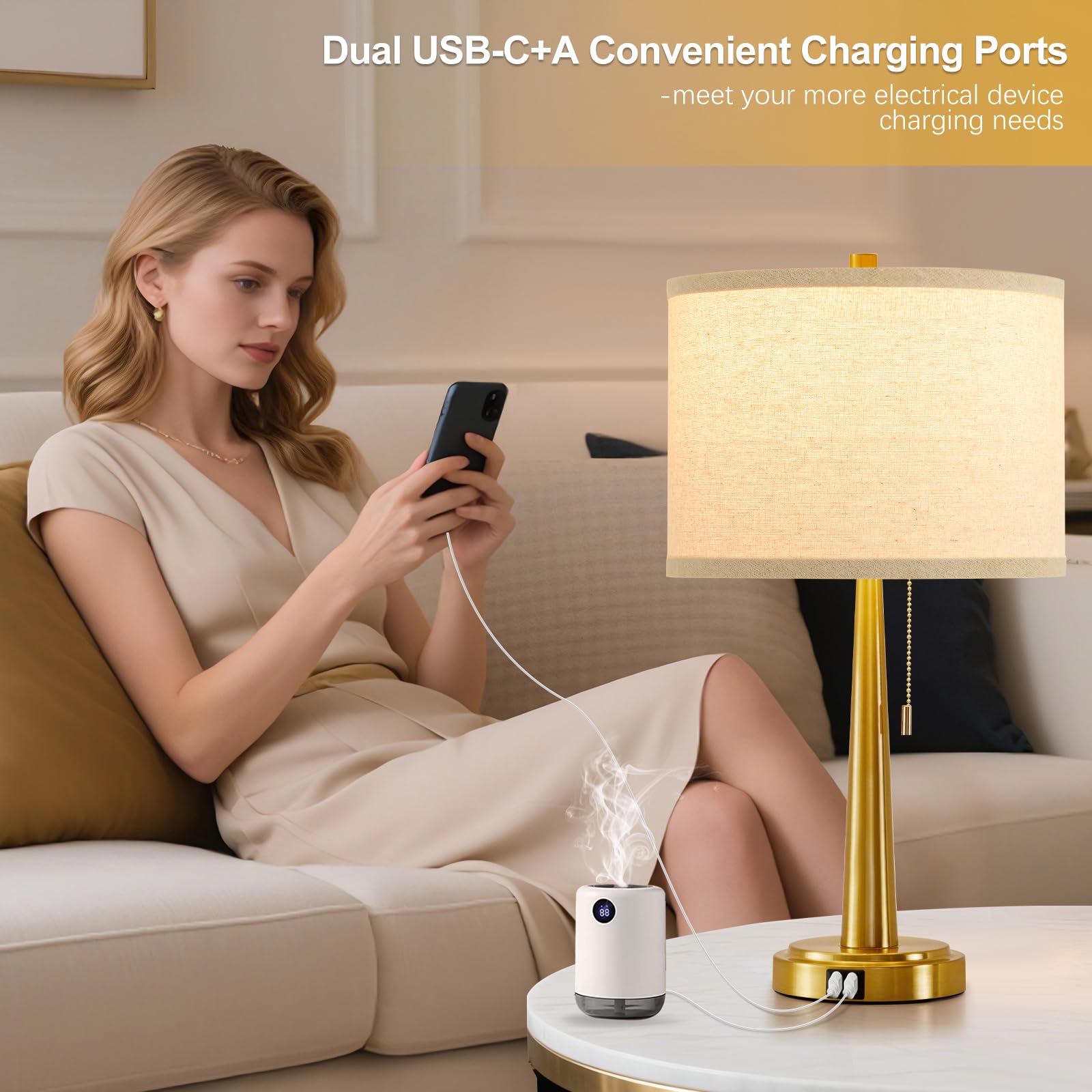 Gyrovu 22 Inches Table Lamps, Bedside Lamps With Usb And C Ports, Nightstand Lamp With Pull Chain, Gold Lamp Set Of 2 For Living