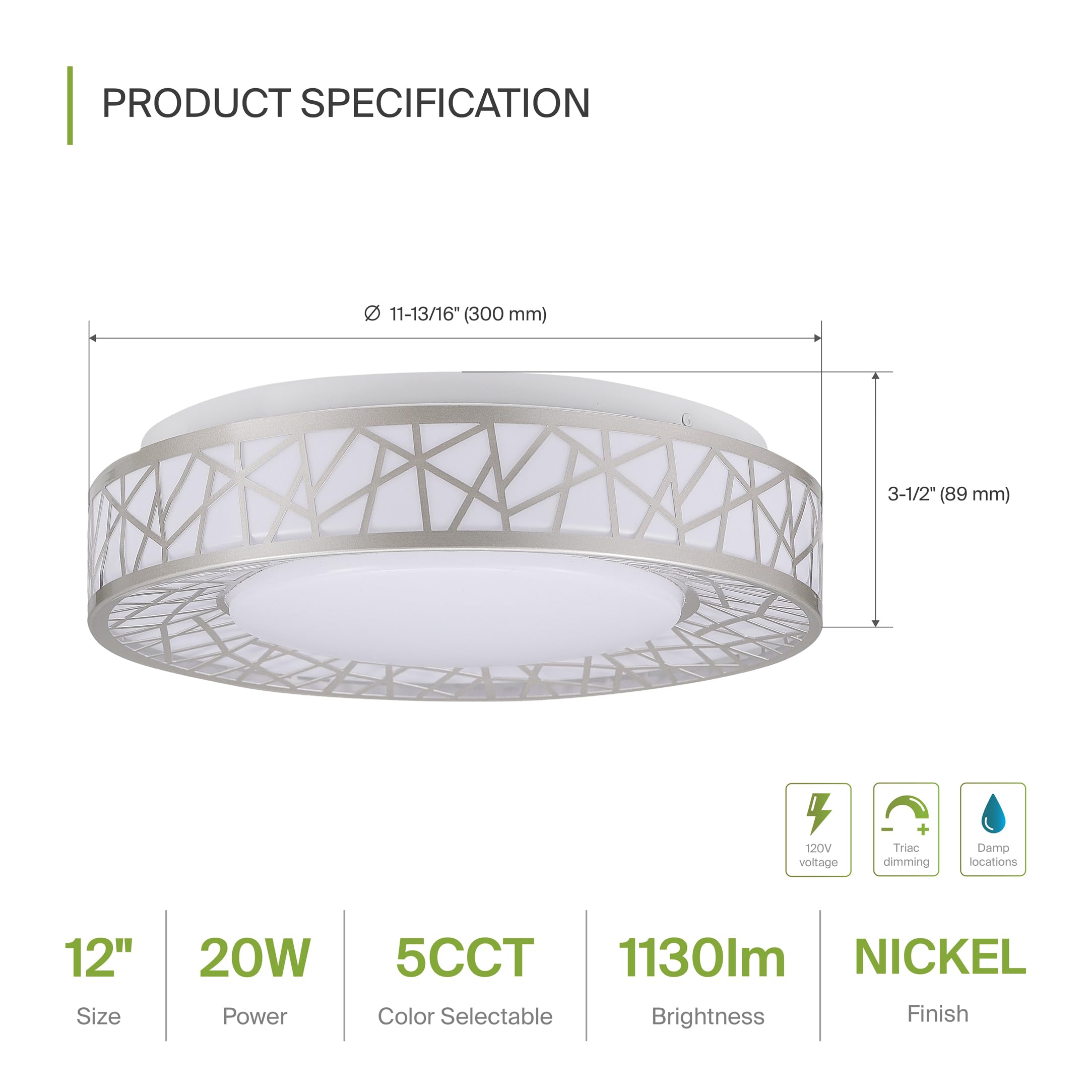 Asd 12 Inch Led Flush Mount Ceiling Light - Brushed Nickel Modern Ceiling Light Fixture 20W 1130Lm, 2700-5000K Adjustable Dimmab