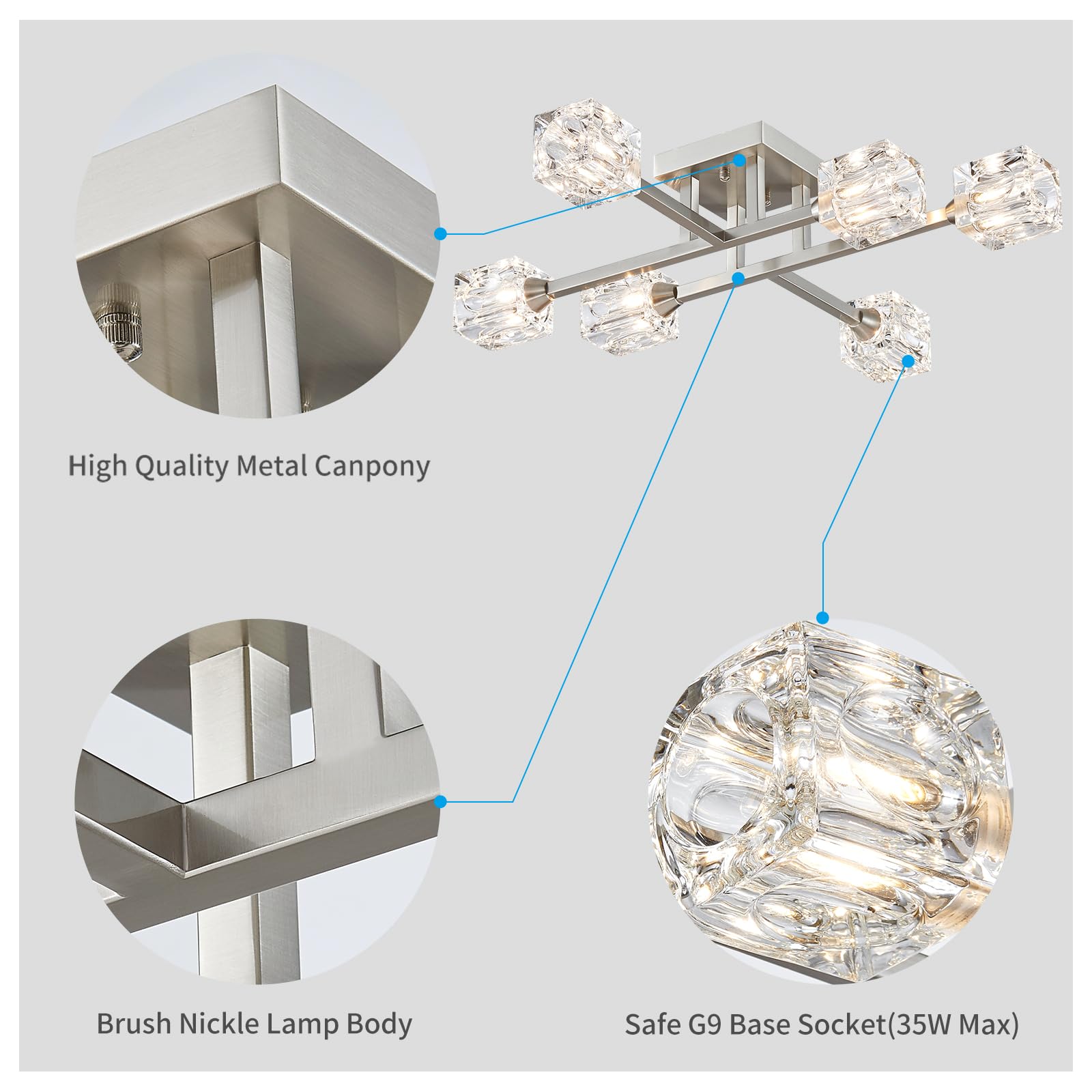 Xingqi Sputnik Light Fixture 6-Lights Semi Flush Mount Ceiling Light, Modern Silver Glass Chandelier Brushed Nickel Lighting For