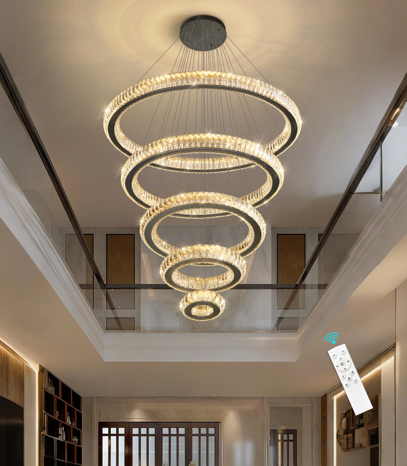 HAIXIANG Modern Chandelier 8+16+24+32+40 5 Rings Crystal LED Dimmable Lighting Foyer Entryway High Ceiling Living Room Chanderliers Pendant Lights Fixtures Black Light