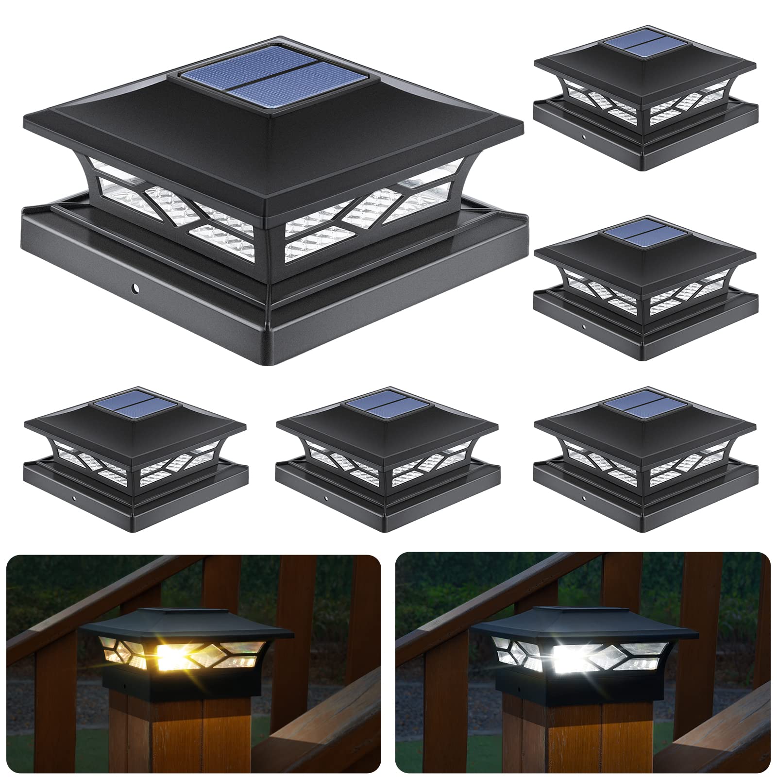 APONUO Solar Post Cap Lights, Outdoor Waterproof, Warm White/Cool White LEDs, 4x4 Size, Black Plastic, Model TZ13-B6