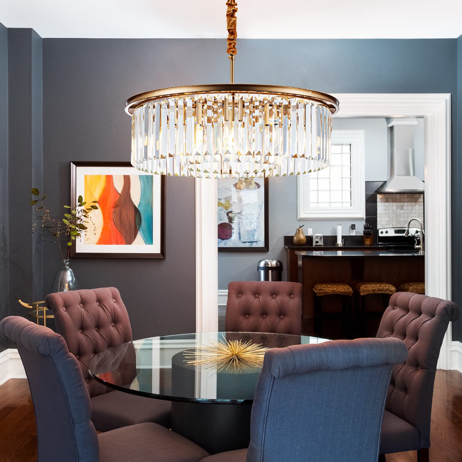 lighceac 23" 8-Light Modern Crystal Chandelier - Gold Metal, 2-Rings, Ideal for Dining Room, Living Room, Kitchen, Bedroom