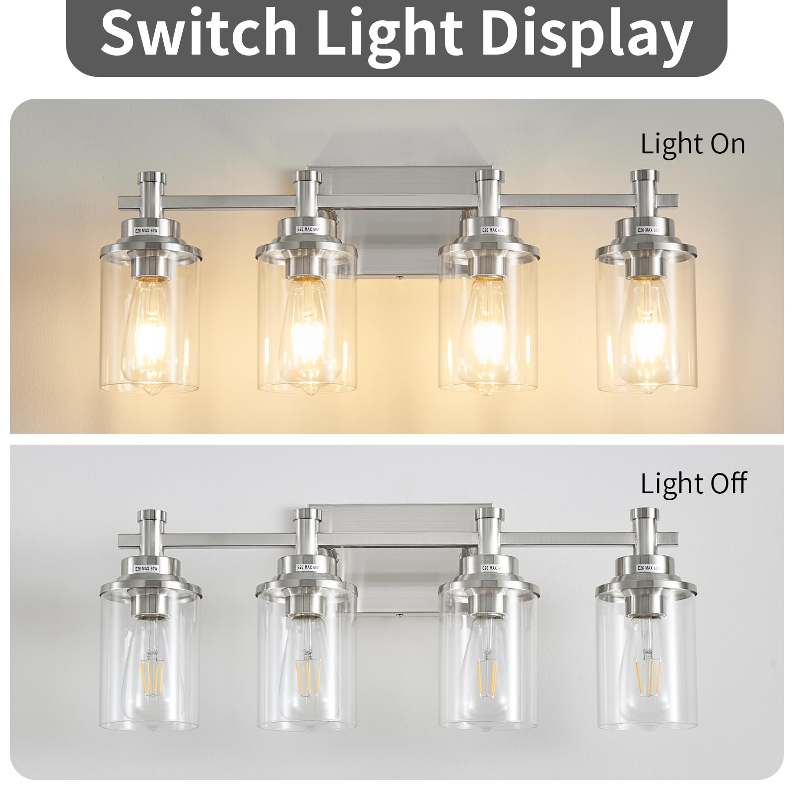 Aixialin Brushed Nickel Bathroom Lighting Fixtures Over Mirror, 4-Light Bathroom Vanity Light Fixtures, Wall Sconce Lighting Mod