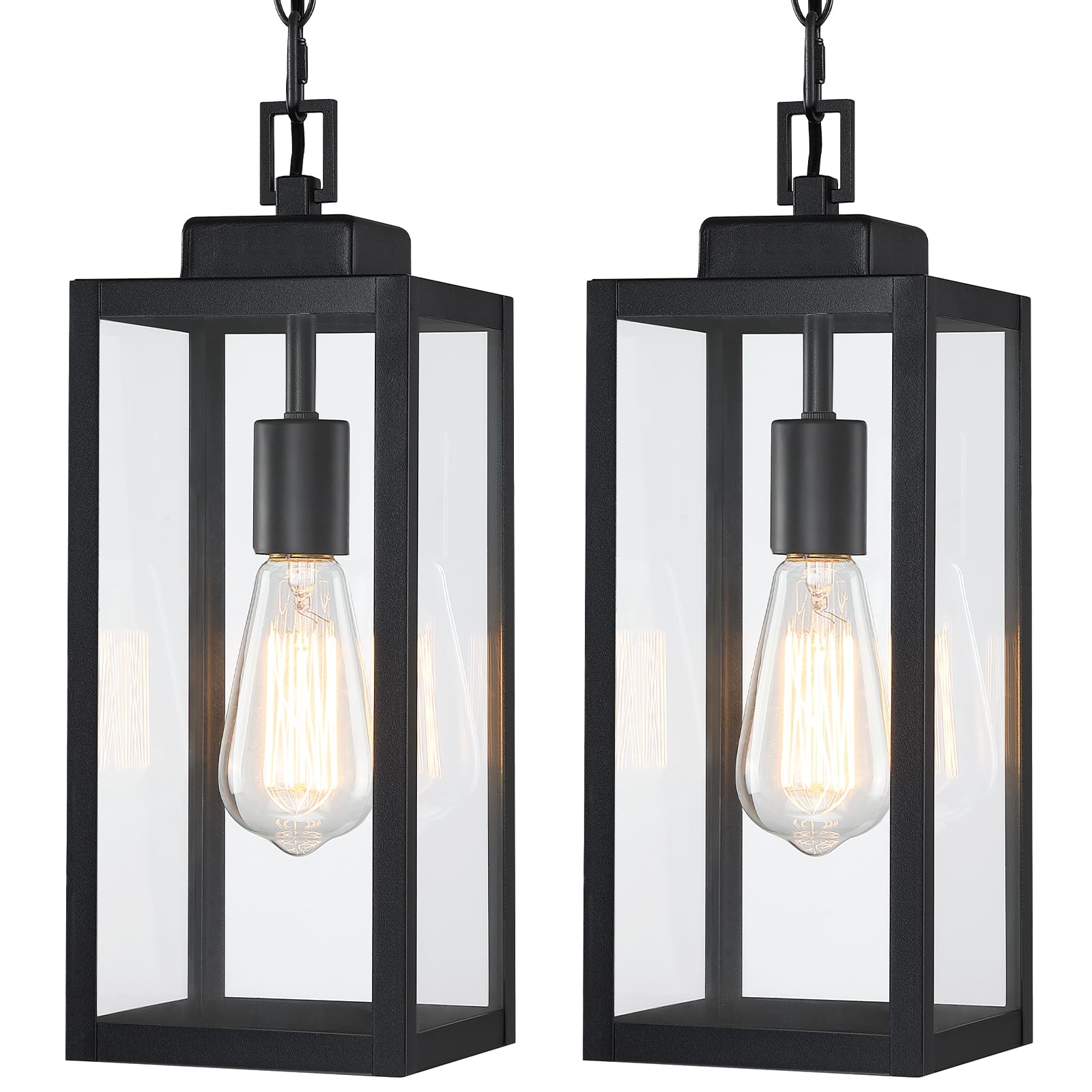 MYHXQ 2 Packs 15'' Large Outdoor Pendant Light, Modern Outside Chandelier Outdoor Hanging Lantern Light, Matte Black with Clear 
